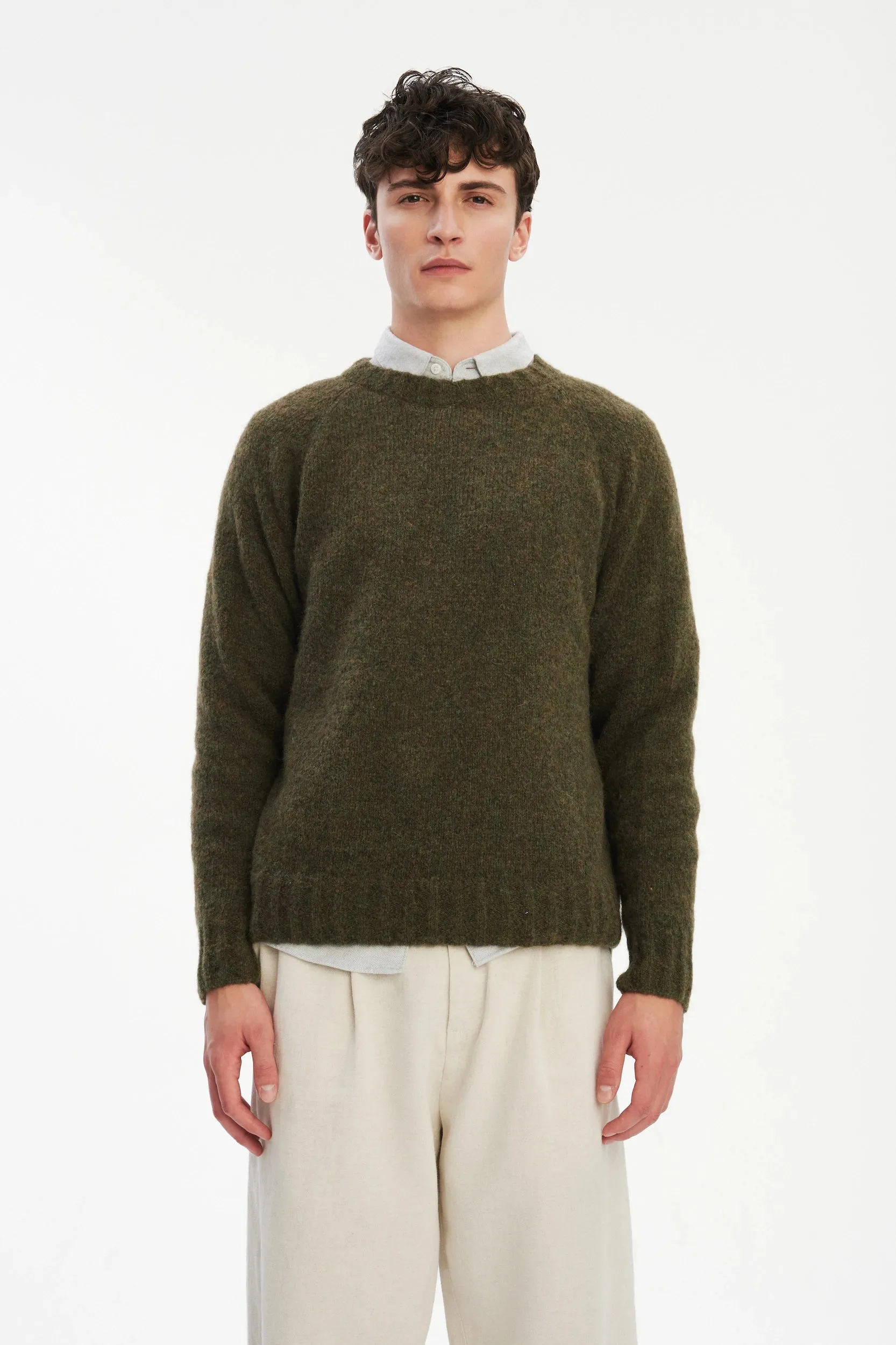 Crewneck Sweater in a Moss Green Brushed Sustainable Alpaca Wool sold by Delikatessen product image thumbnail 3