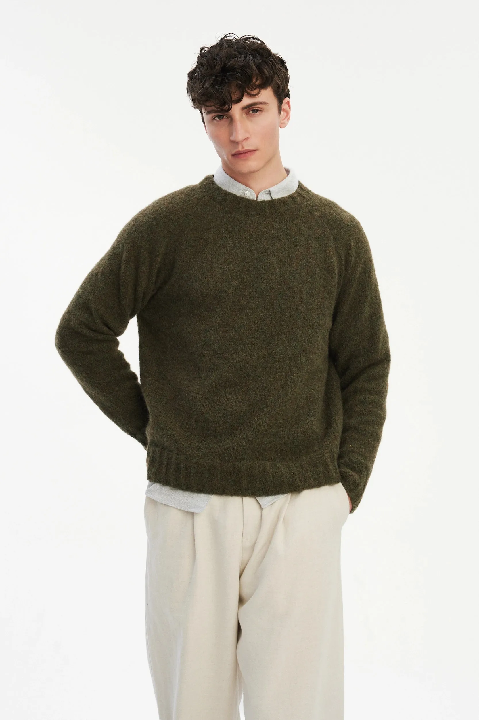 Crewneck Sweater in a Moss Green Brushed Sustainable Alpaca Wool sold by Delikatessen product image thumbnail 5