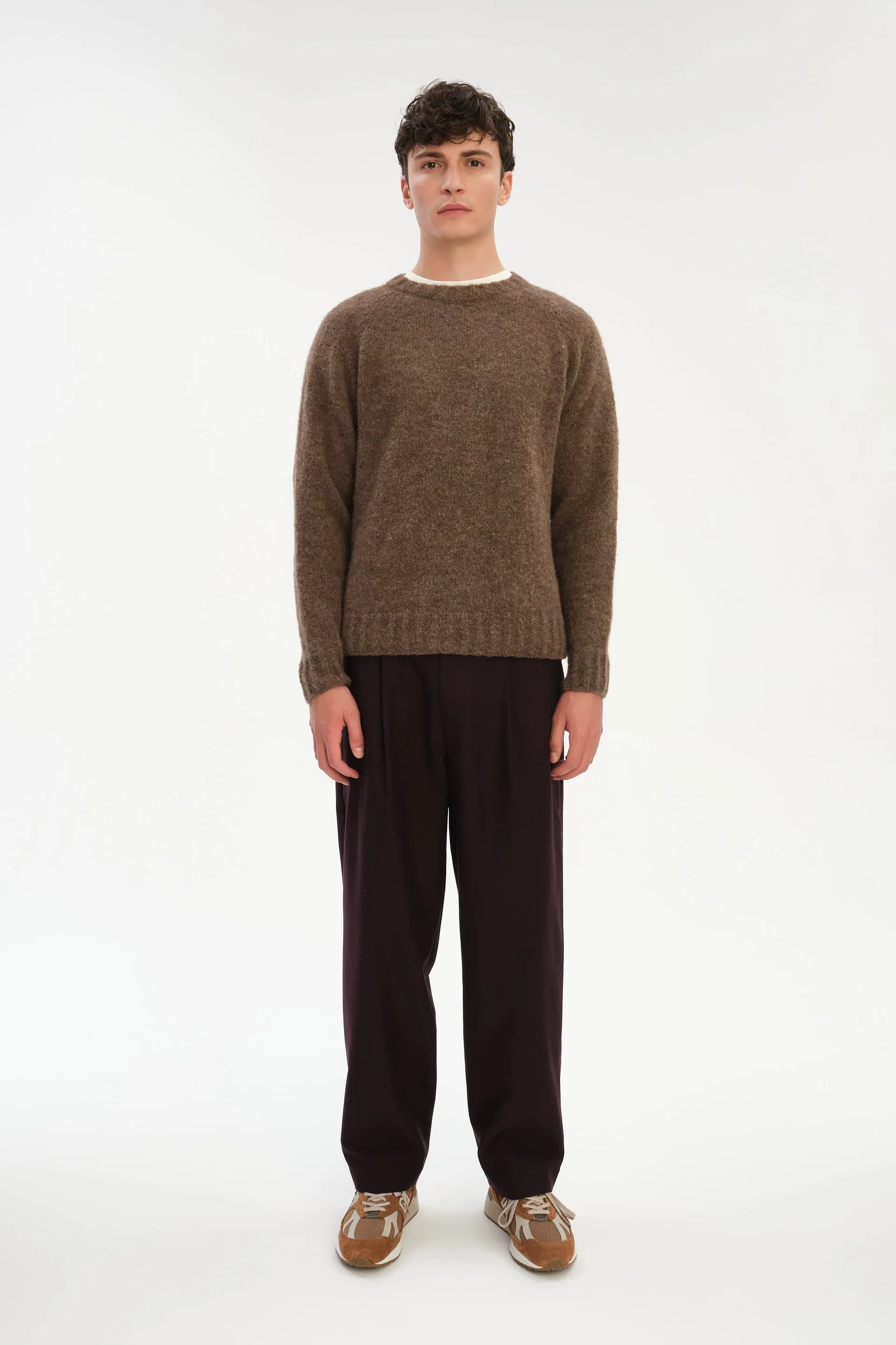 Crewneck Sweater in a Cinnamon Brown Brushed Sustainable Alpaca Wool sold by Delikatessen
