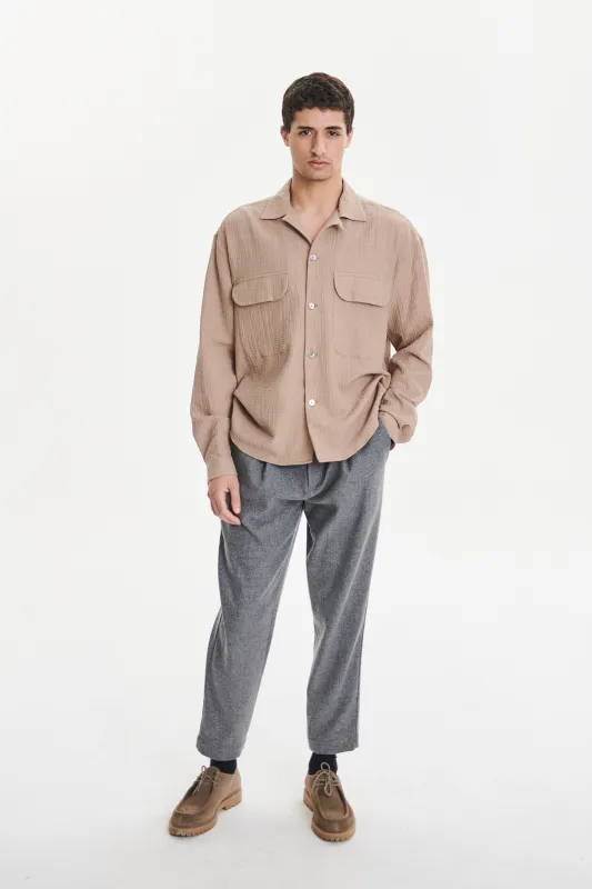 Relaxed Oversized Leisure Shirt in a Nut Beige Soft Cashmere and Cotton Seersucker sold by Delikatessen