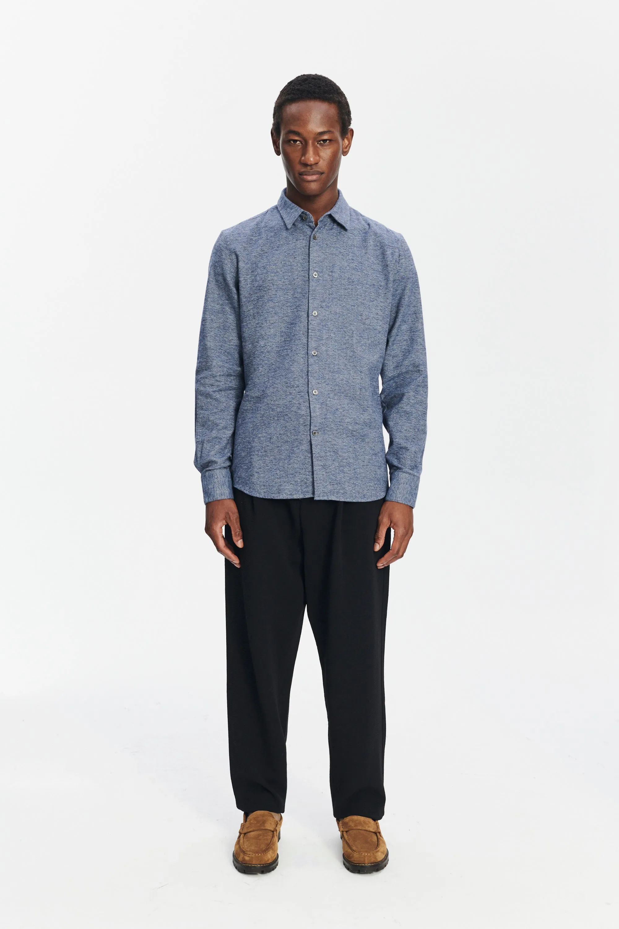 Feel Good Shirt in the Finest Blue Melange Italian Cotton Flannel by Albini sold by Delikatessen