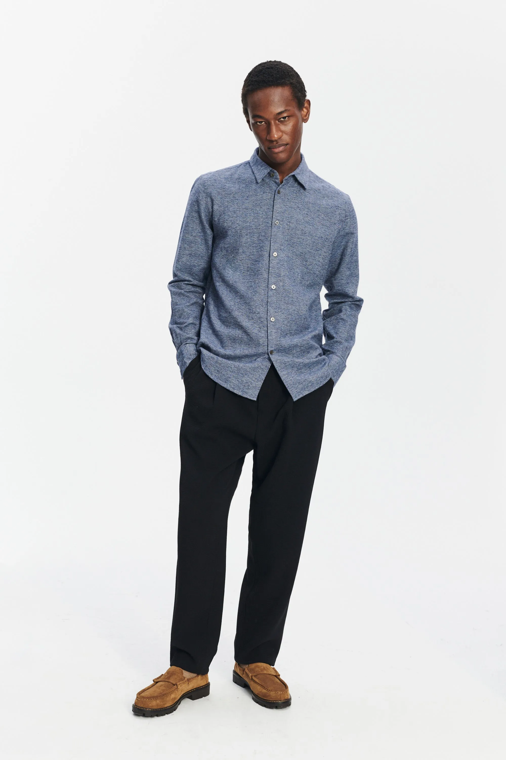 Feel Good Shirt in the Finest Blue Melange Italian Cotton Flannel by Albini sold by Delikatessen product image thumbnail 2