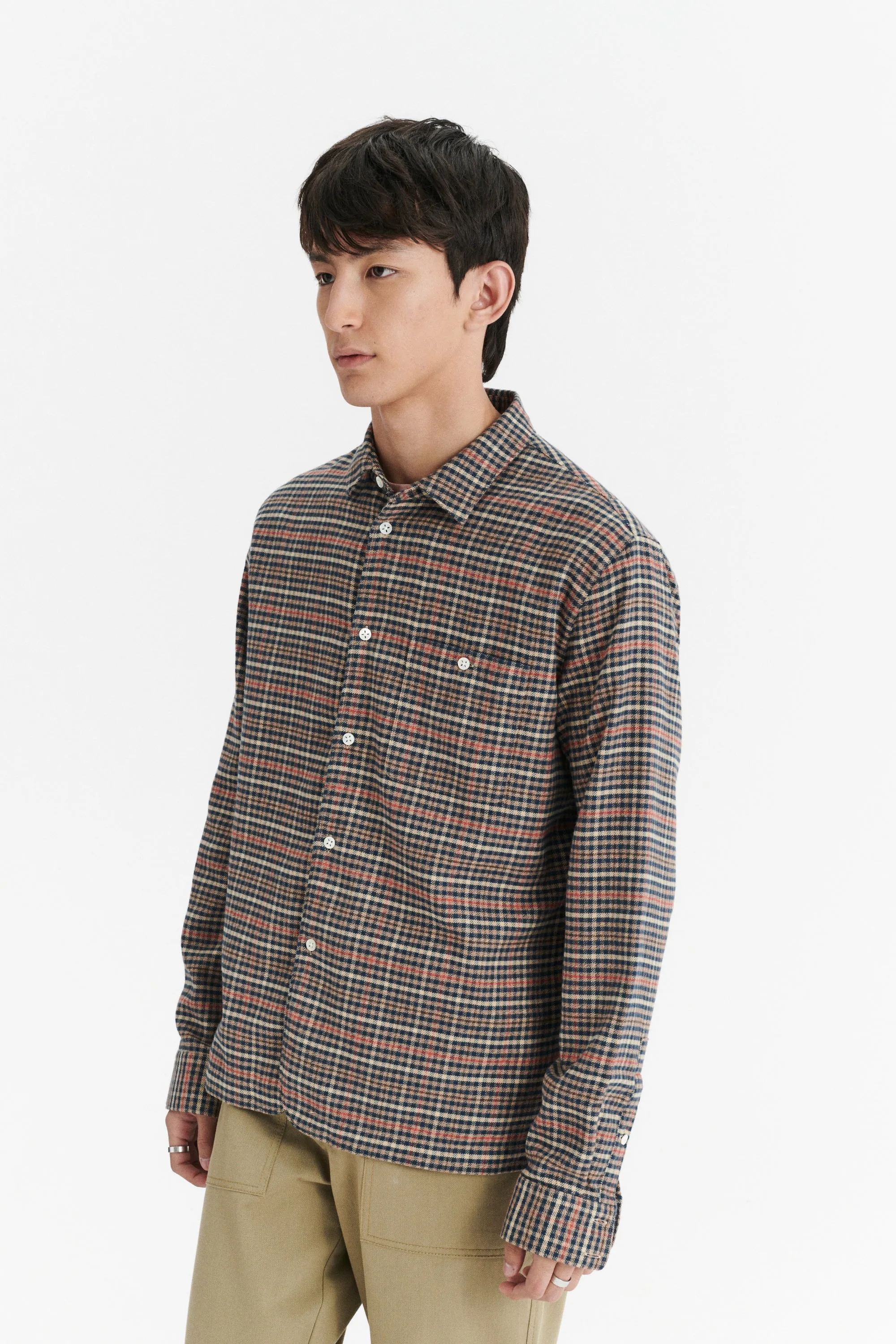 Strong Shirt in a Soft Red, Beige en Dark Blue Chequered Portuguese Cotton Flannel sold by Delikatessen product image thumbnail 5