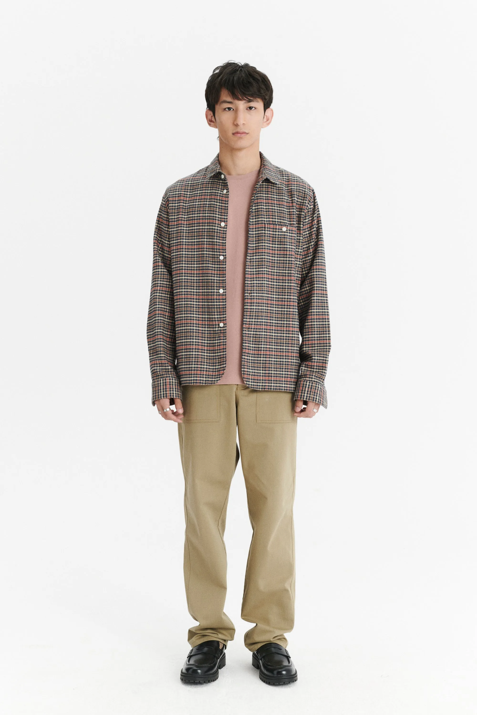 Strong Shirt in a Soft Red, Beige en Dark Blue Chequered Portuguese Cotton Flannel sold by Delikatessen