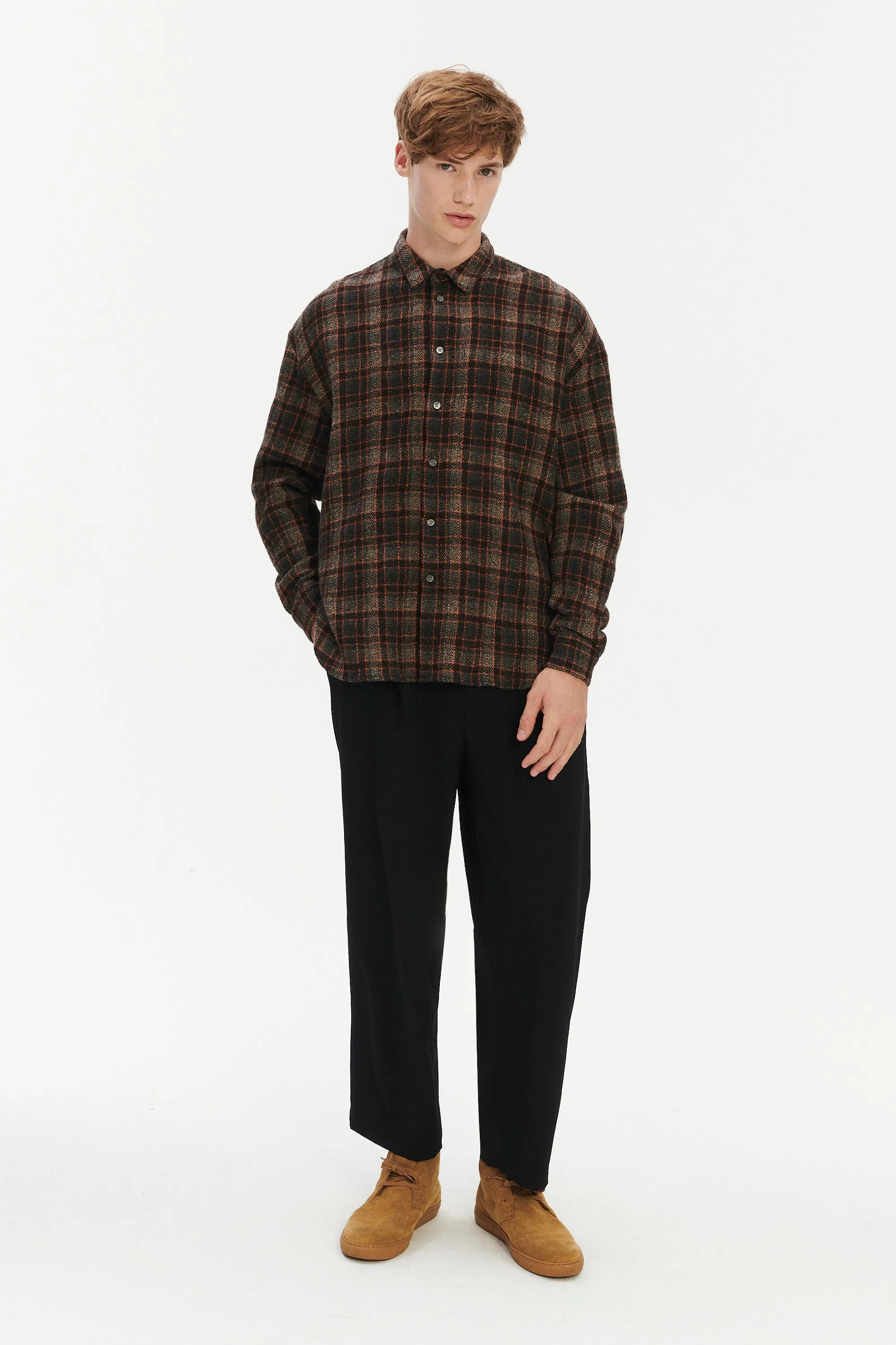 Oversized Shirt in Japanese Light Combed Wool - Brown Orange Check sold by Delikatessen