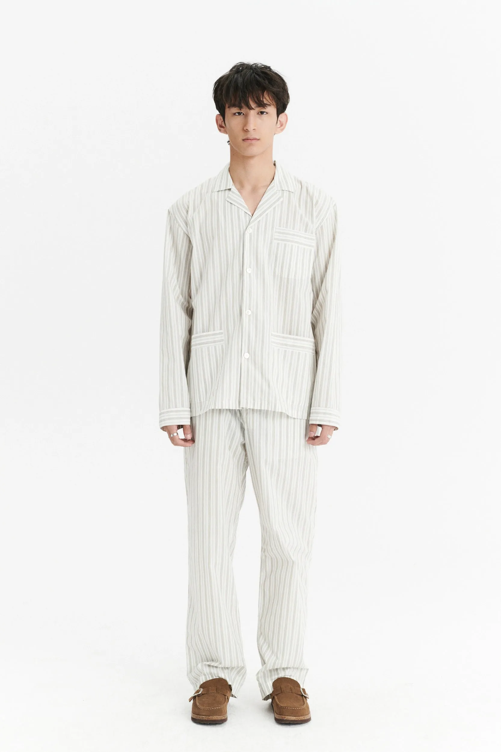 Pyjama House Trousers in a Cream and Beige Striped Excellent Italian Cotton sold by Delikatessen