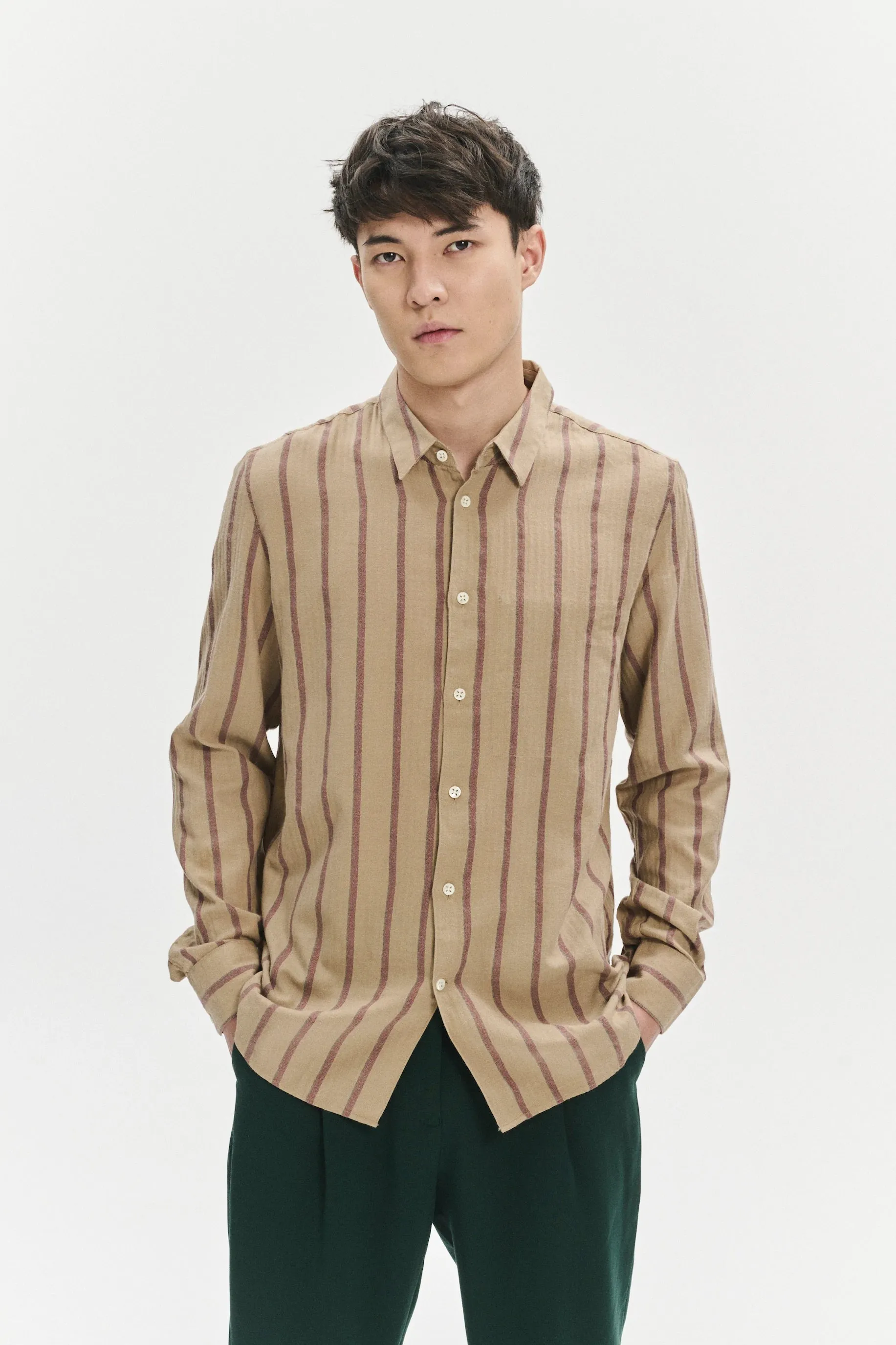 Feel Good Shirt in a Tonal Beige and Bordeaux Subtle Striped Herringbone Japanese Cotton Flannel sold by Delikatessen product image thumbnail 5