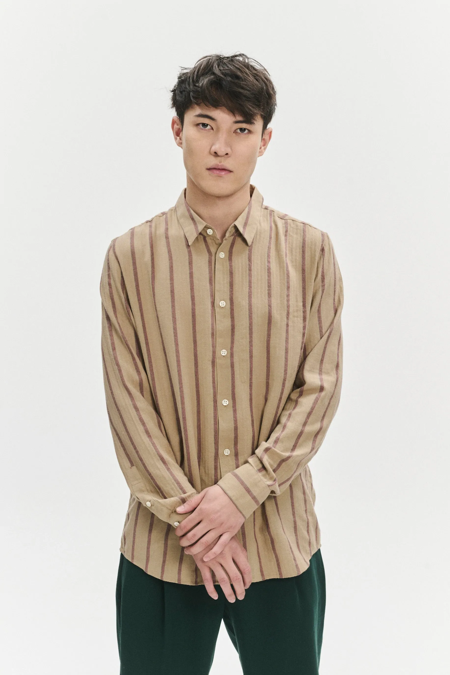 Feel Good Shirt in a Tonal Beige and Bordeaux Subtle Striped Herringbone Japanese Cotton Flannel sold by Delikatessen product image thumbnail 4
