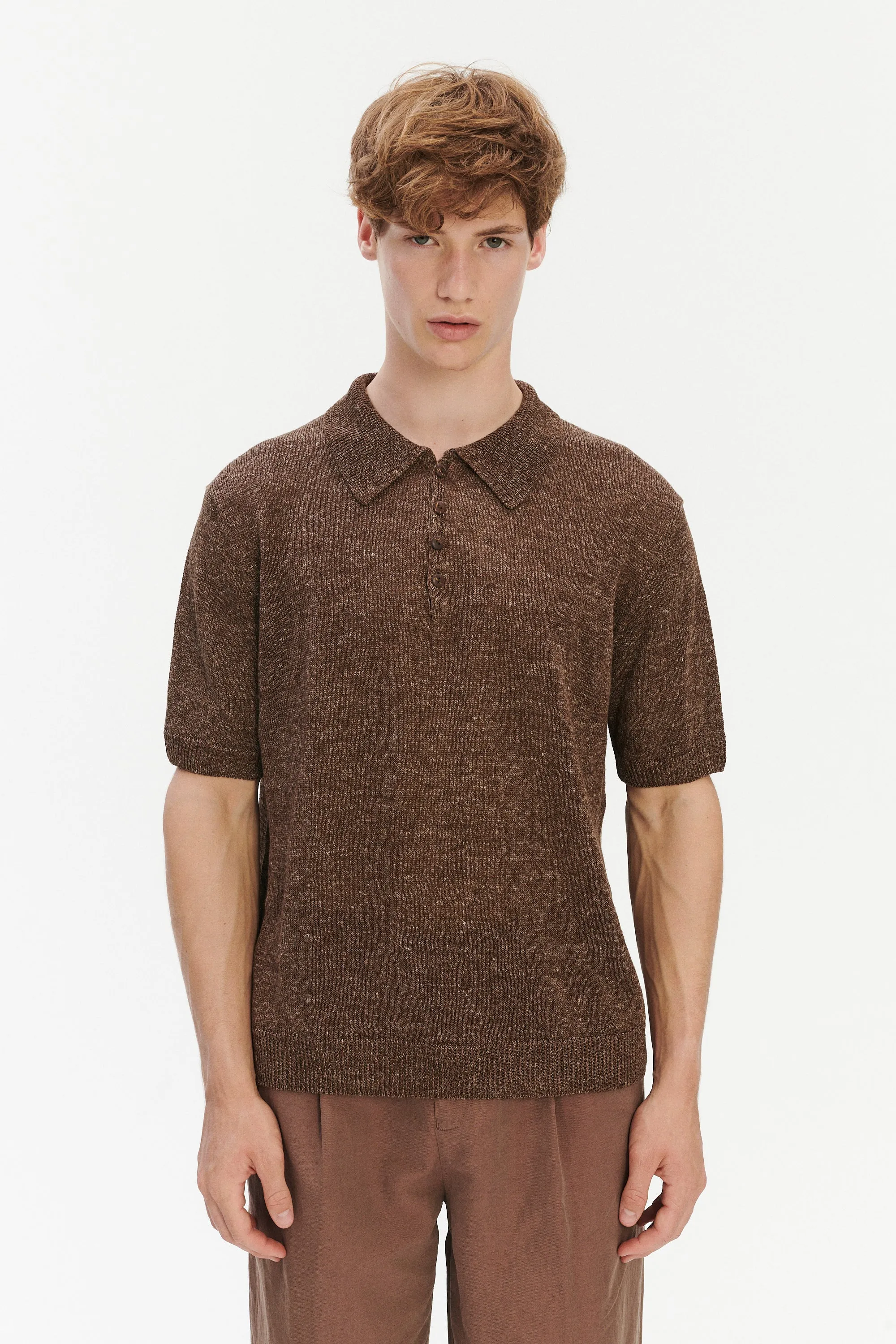 Short Sleeve Polo in Cocoa Brown Italian Linen sold by Delikatessen product image thumbnail 3