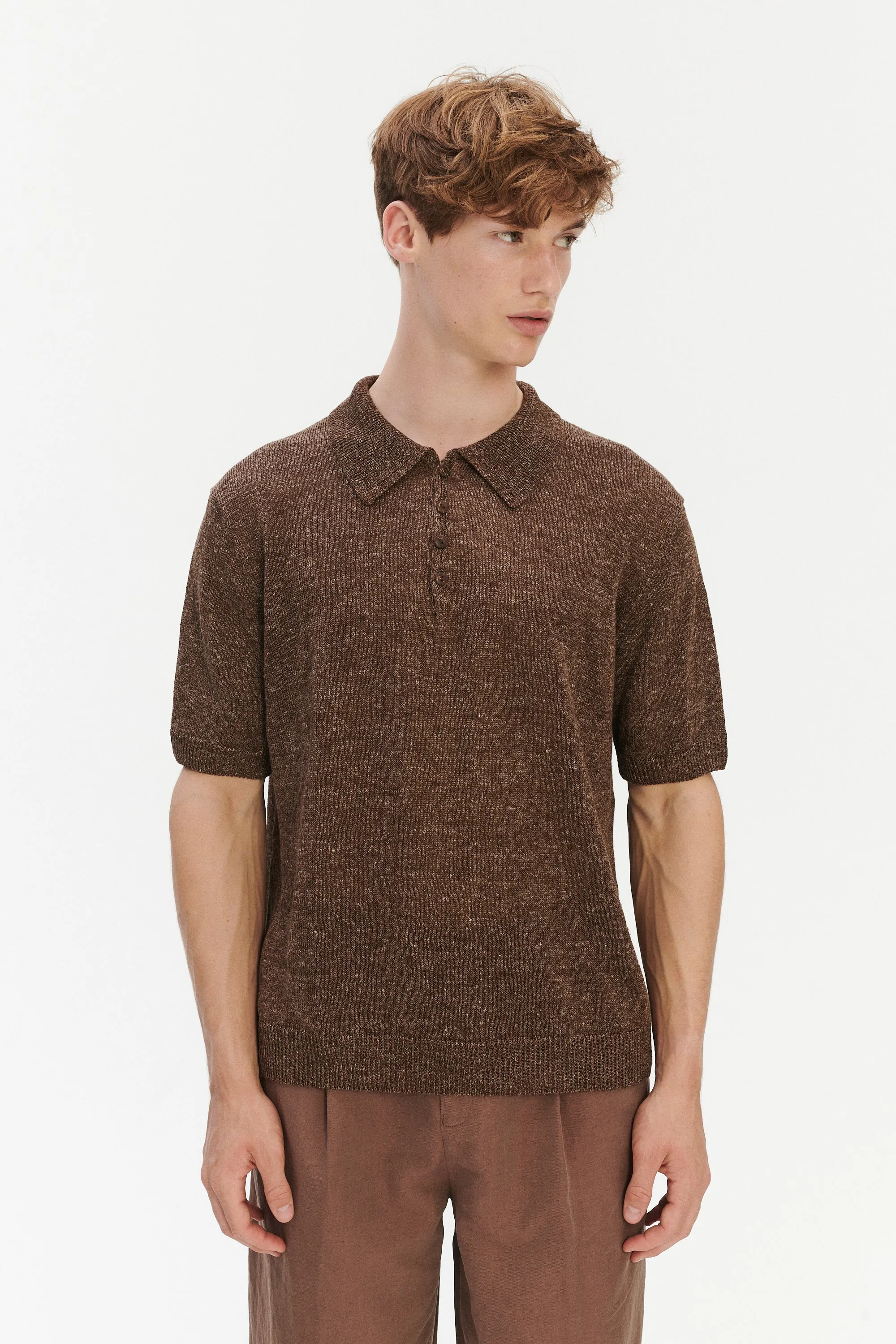 Short Sleeve Polo in Cocoa Brown Italian Linen sold by Delikatessen product image thumbnail 4