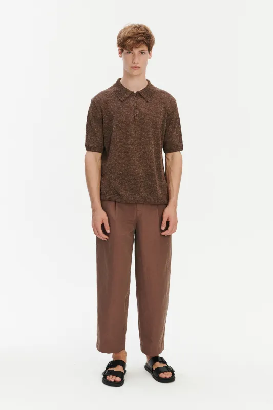 Short Sleeve Polo in Cocoa Brown Italian Linen sold by Delikatessen