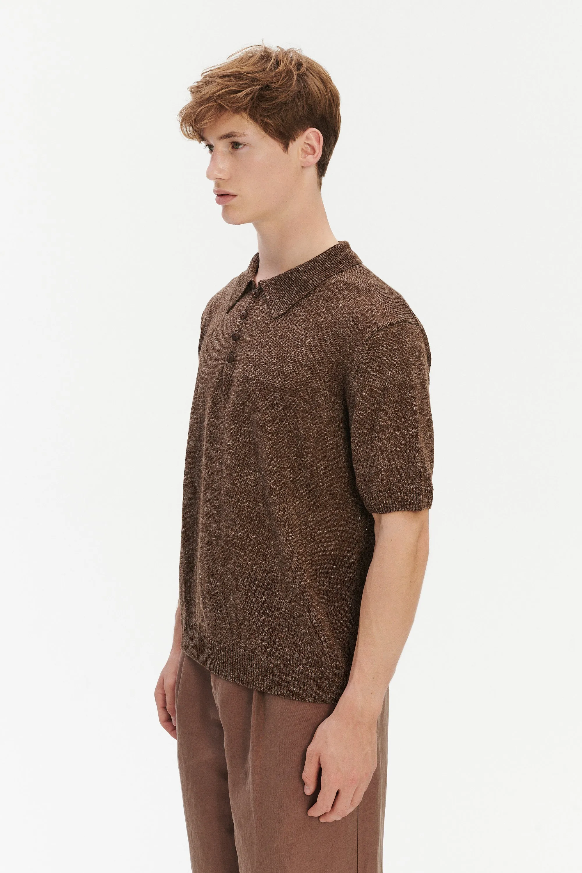 Short Sleeve Polo in Cocoa Brown Italian Linen sold by Delikatessen product image thumbnail 5