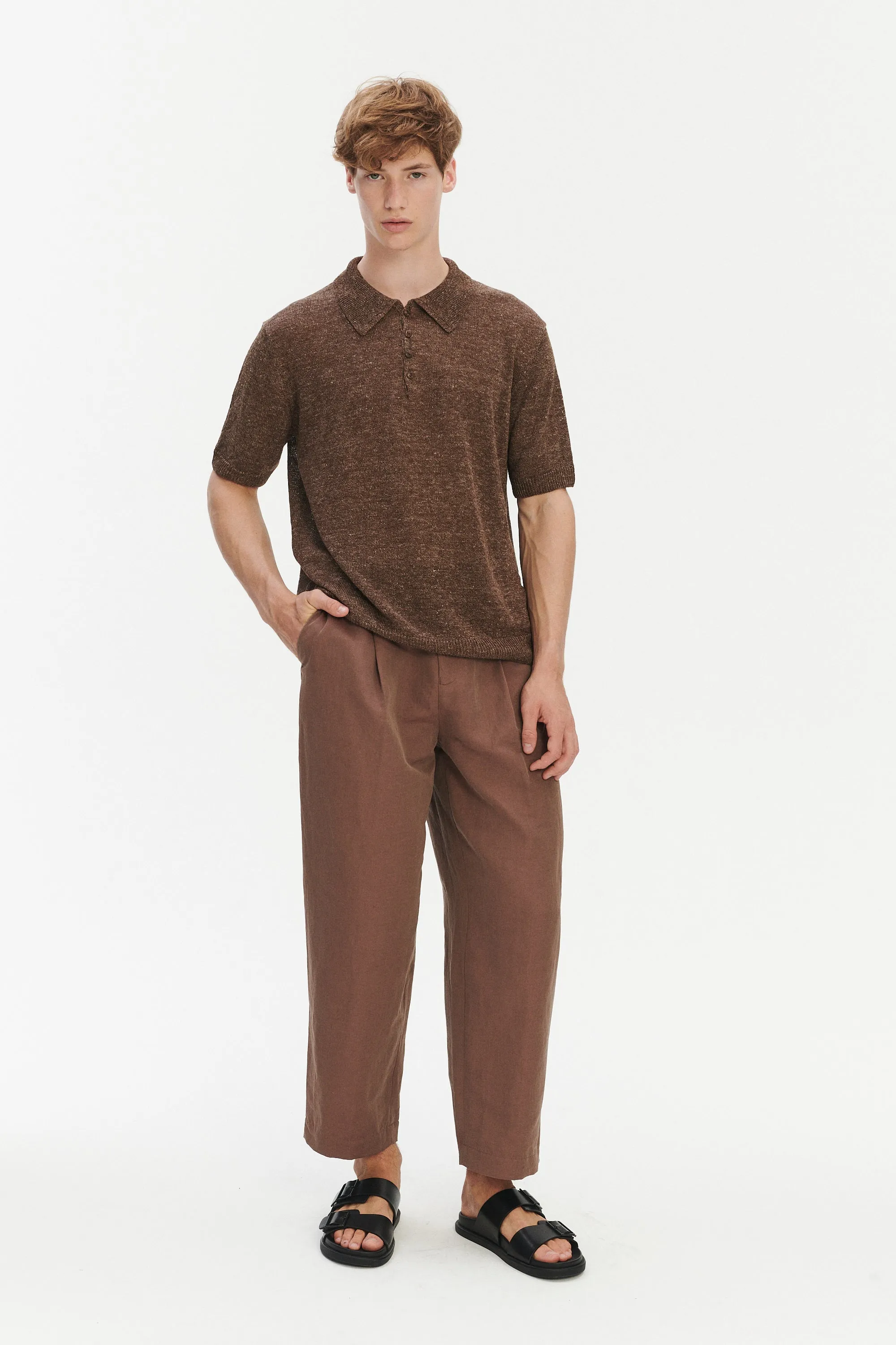 Short Sleeve Polo in Cocoa Brown Italian Linen sold by Delikatessen product image thumbnail 2