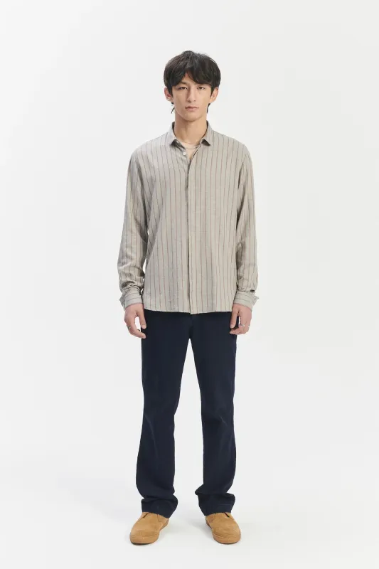 Cute Shirt in a Grey and Wine Red Striped Blend of Portuguese Cotton and Cashmere sold by Delikatessen