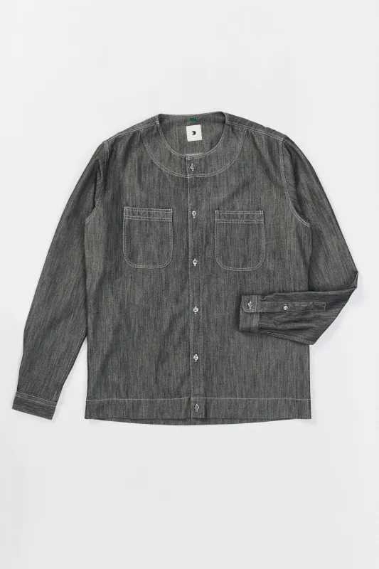 Collarless Carpenter Overshirt in a Washed Grey Indigo Italian Cotton Denim sold by Delikatessen