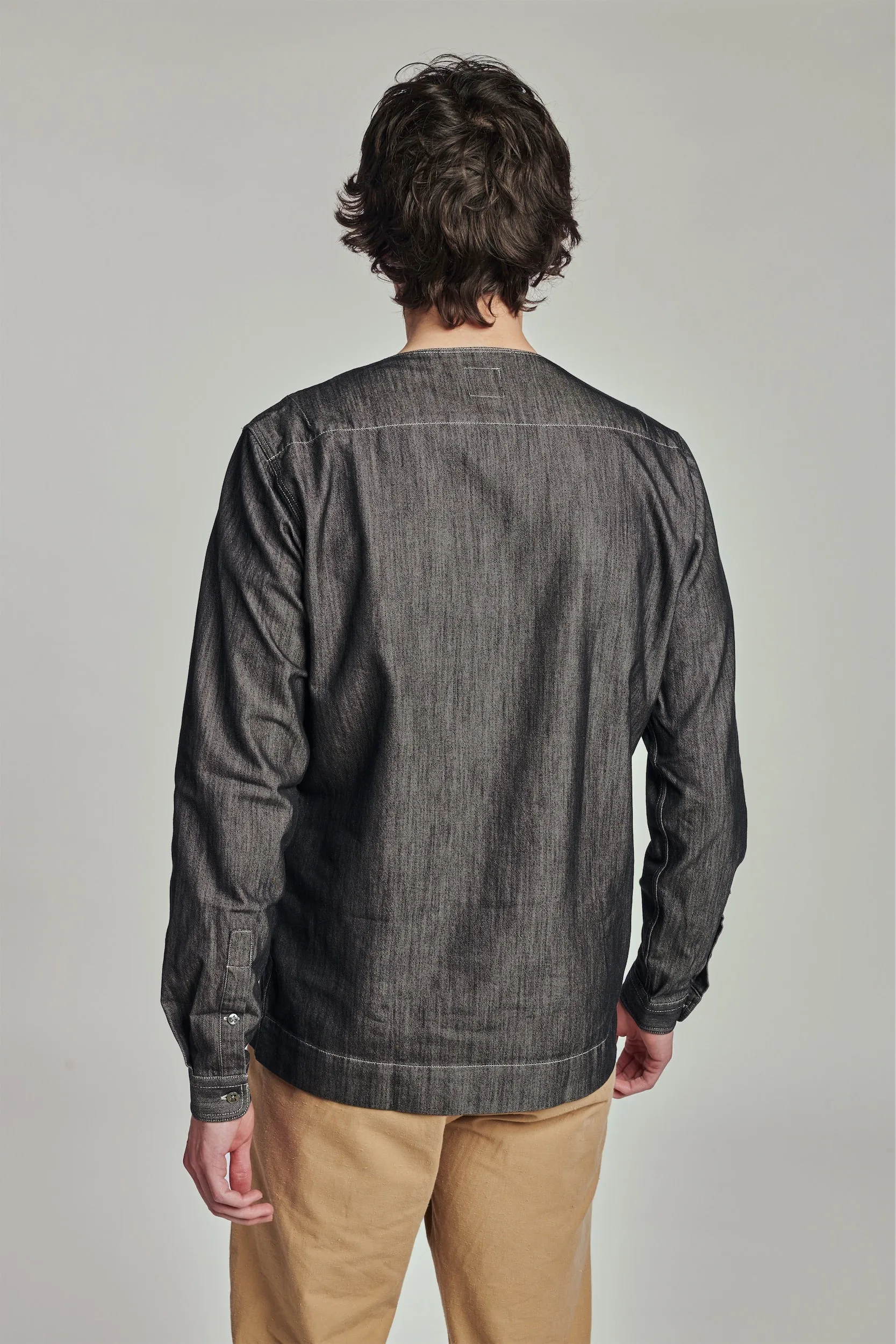 Collarless Carpenter Overshirt in a Washed Grey Indigo Italian Cotton Denim sold by Delikatessen product image thumbnail 3