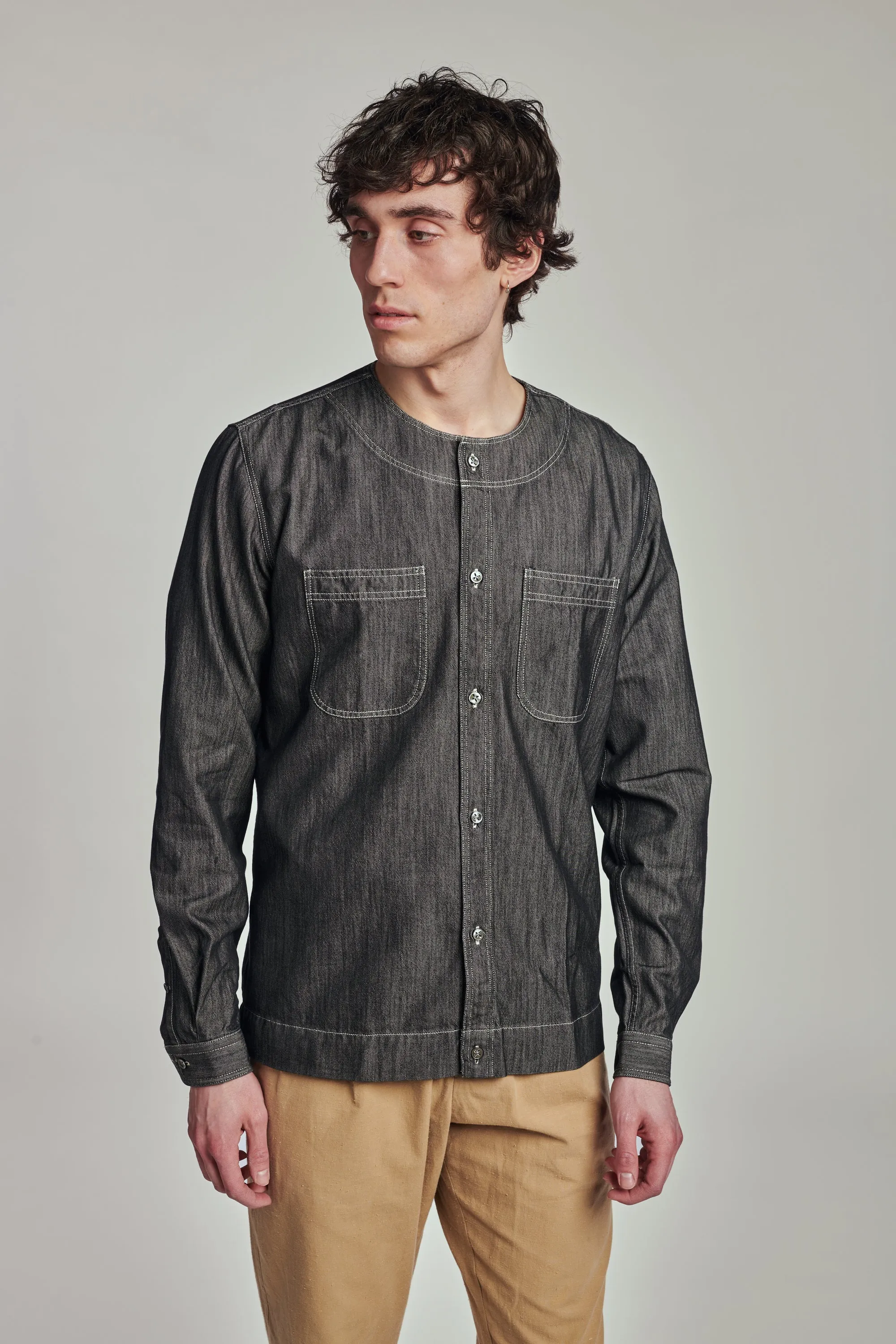 Collarless Carpenter Overshirt in a Washed Grey Indigo Italian Cotton Denim sold by Delikatessen product image thumbnail 2