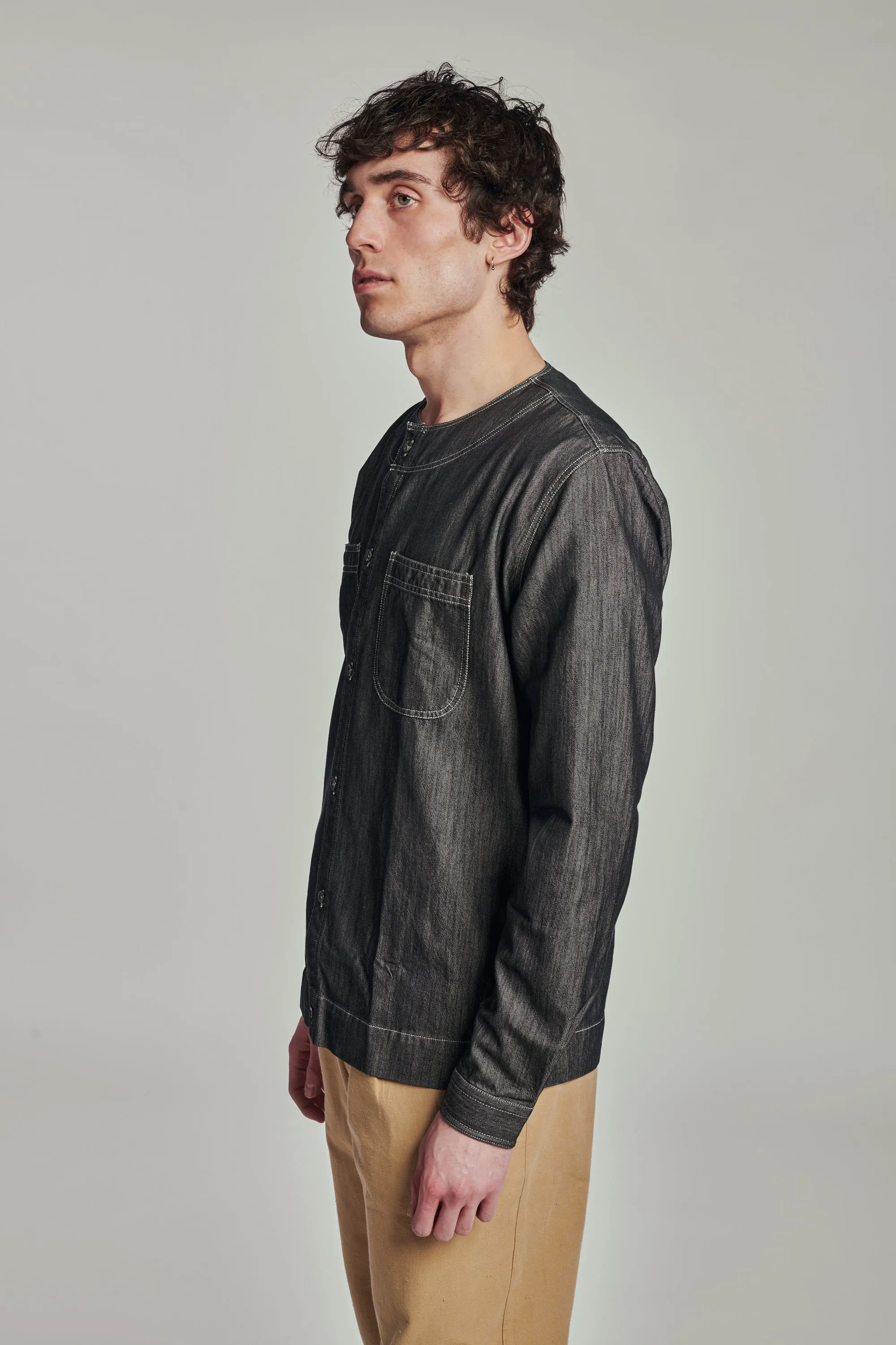 Collarless Carpenter Overshirt in a Washed Grey Indigo Italian Cotton Denim sold by Delikatessen product image thumbnail 4