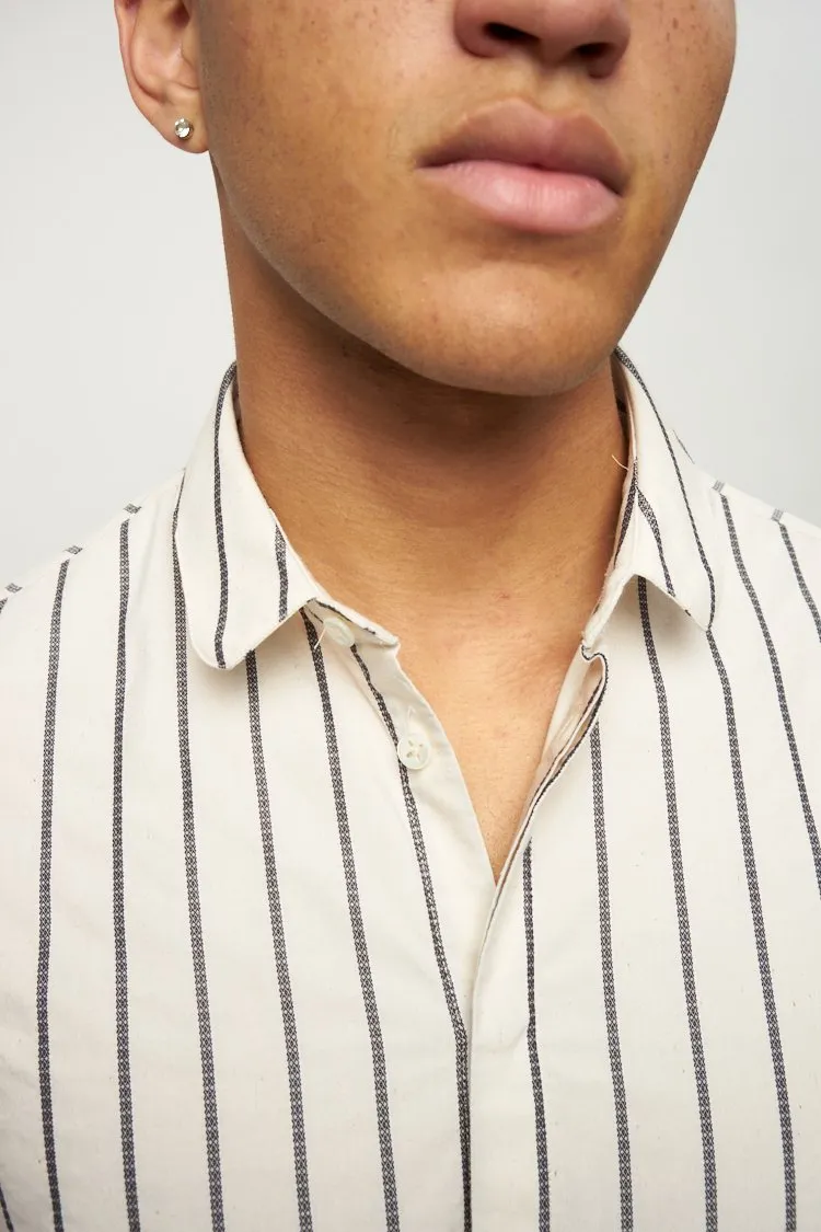 Cute Round Collar Shirt in Dark Blue and Cream White Striped Italian Organic Cotton sold by Delikatessen product image thumbnail 5