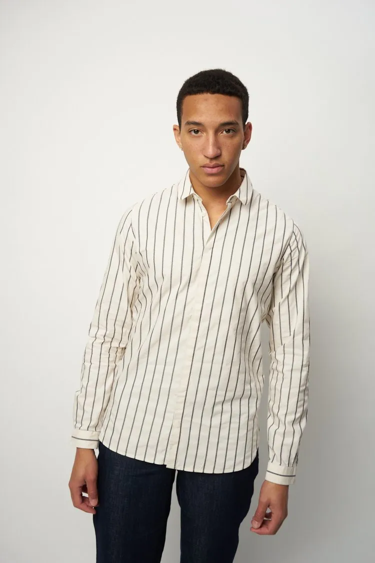 Cute Round Collar Shirt in Dark Blue and Cream White Striped Italian Organic Cotton sold by Delikatessen