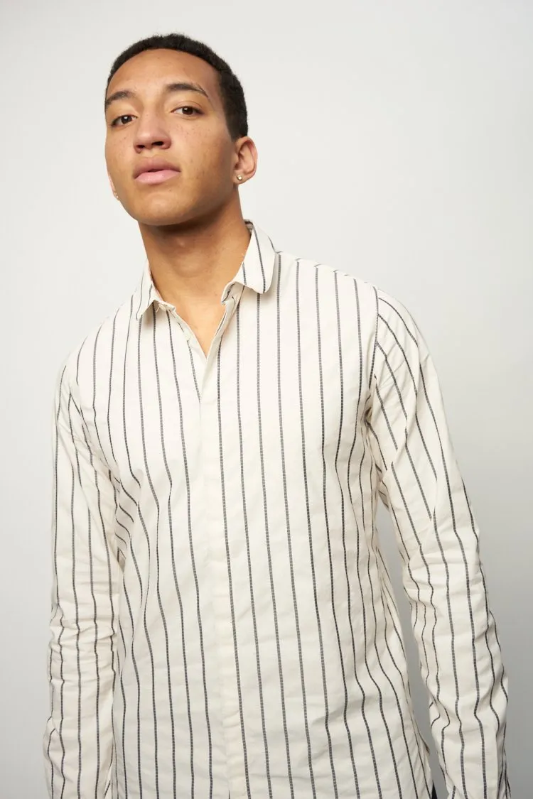 Cute Round Collar Shirt in Dark Blue and Cream White Striped Italian Organic Cotton sold by Delikatessen product image thumbnail 2