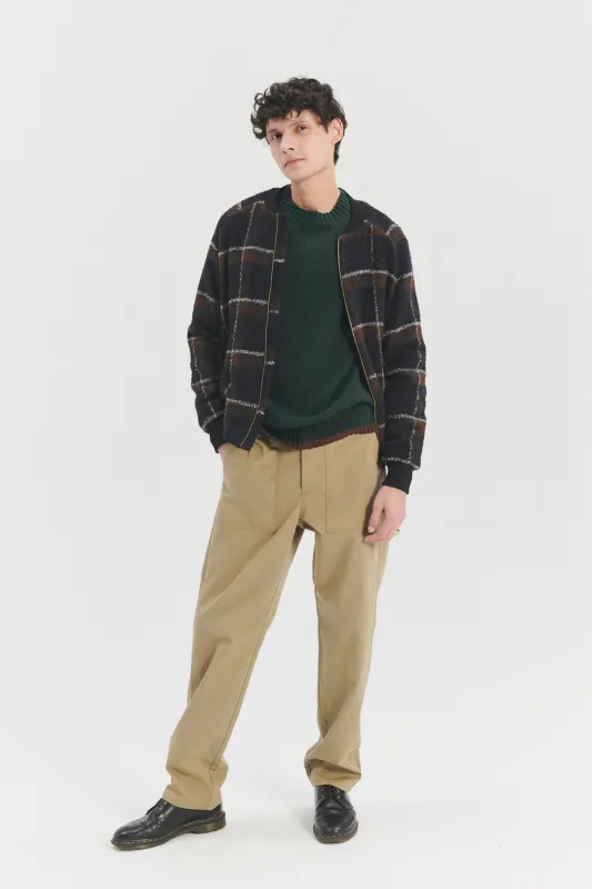 Bomber Jacket in a Brown and Navy Chequered Italian Virgin & Alpaca Bouclé Wool sold by Delikatessen