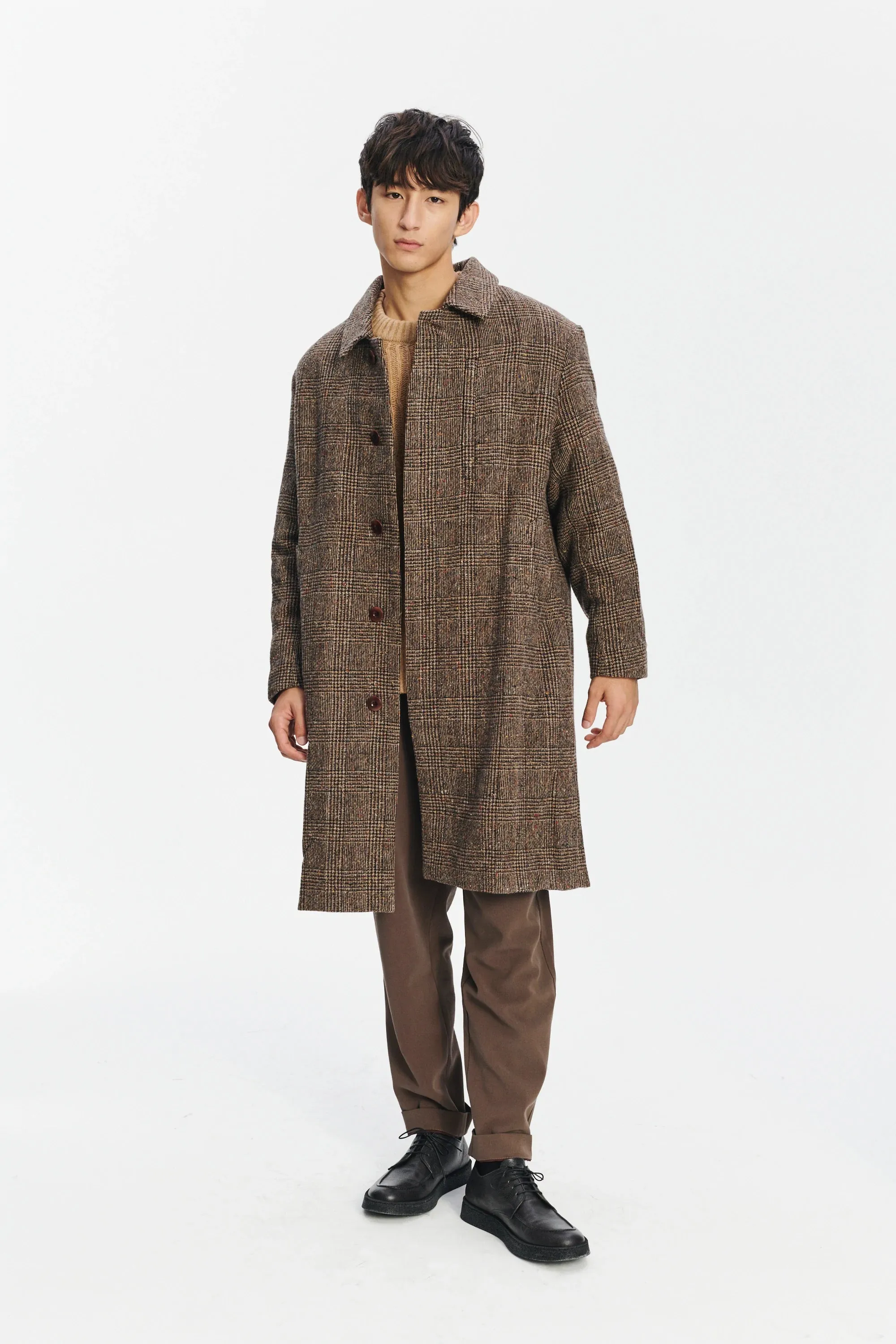 Winter Coat with a Prince of Wales Motif in Brown from the Finest Donegal Virgin Wool Tweed with Two Side Pockets and One Zipped Chest Pocket sold by Delikatessen