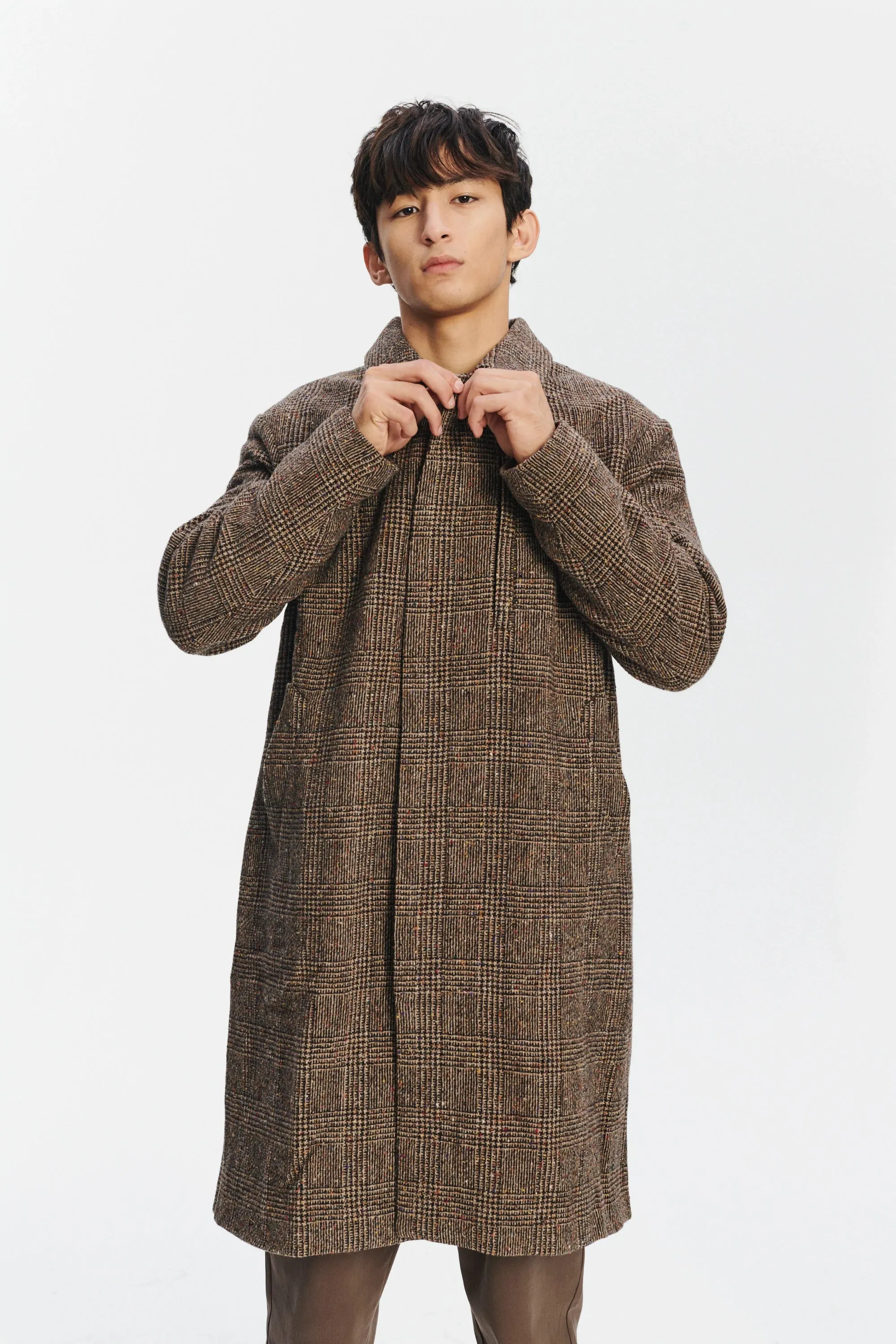 Winter Coat with a Prince of Wales Motif in Brown from the Finest Donegal Virgin Wool Tweed with Two Side Pockets and One Zipped Chest Pocket sold by Delikatessen product image thumbnail 2