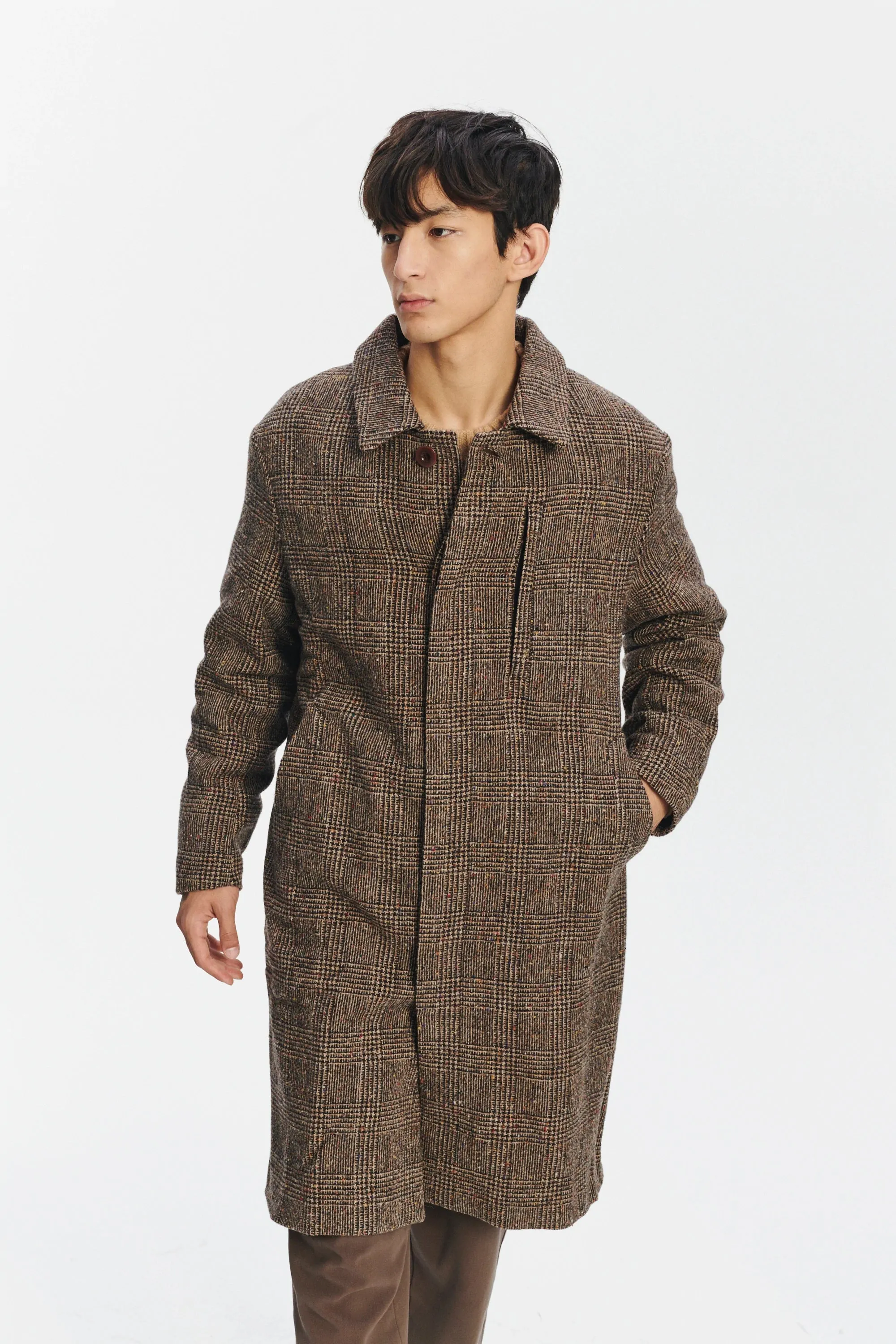 Winter Coat with a Prince of Wales Motif in Brown from the Finest Donegal Virgin Wool Tweed with Two Side Pockets and One Zipped Chest Pocket sold by Delikatessen product image thumbnail 3