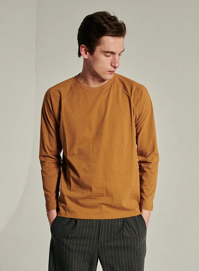 Long Sleeve T-Shirt in a Mustard Dark Yellow Japanese Organic Cotton sold by Delikatessen product image thumbnail 2