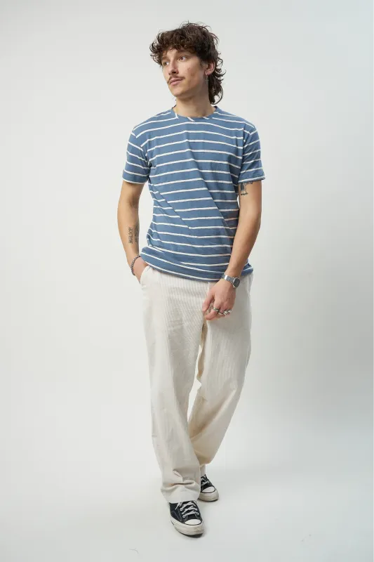 T-shirt in a Blue and White Striped Fine Feeling Japanese Slow-Knit Cotton sold by Delikatessen