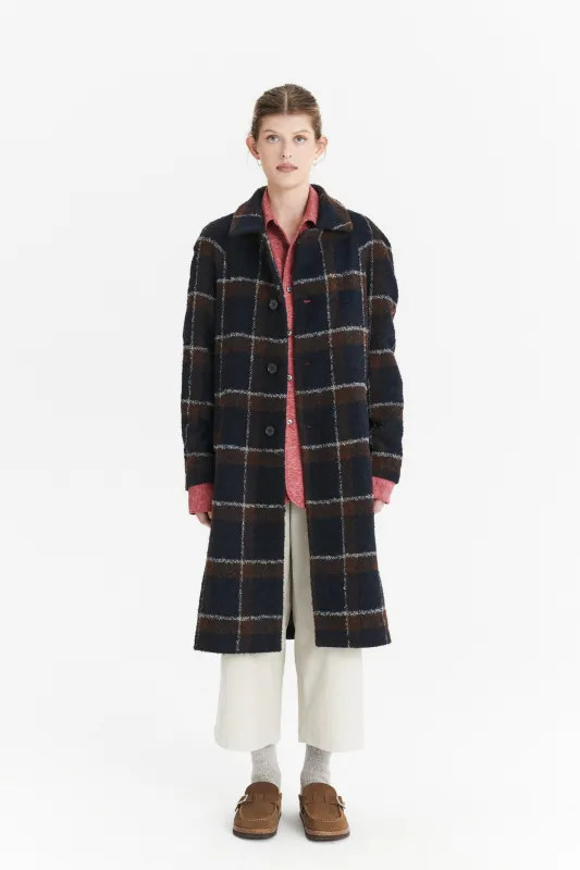 Raglan Coat in a Brown and Navy Chequered Italian Virgin and Alpaca Bouclé Wool and Meida Thermo Insulation sold by Delikatessen