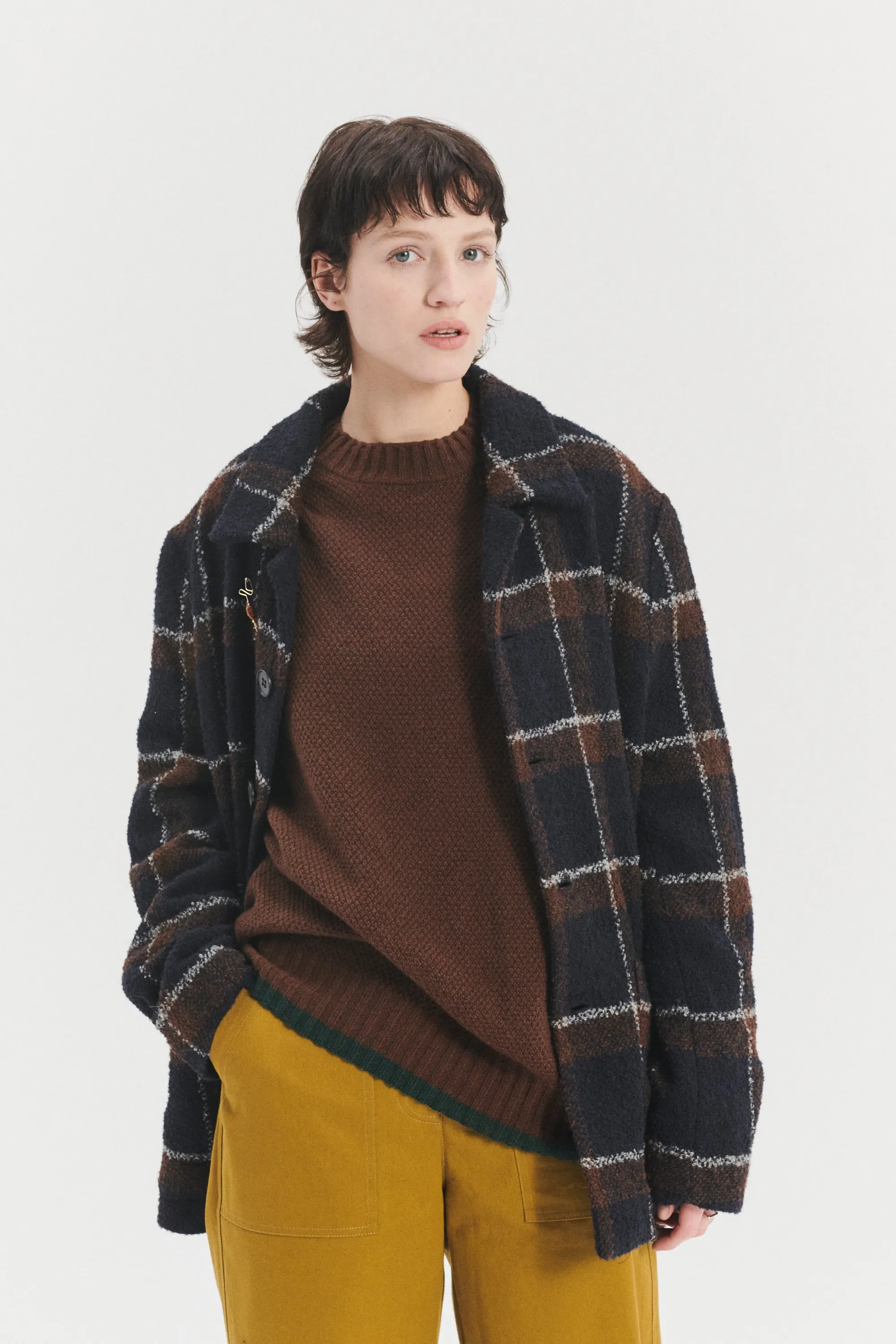 Pre-Order: Jacket in a Brown and Navy Chequered Italian Virgin and Alpaca Bouclé Wool and Meida Thermo Insulation sold by Delikatessen product image thumbnail 4