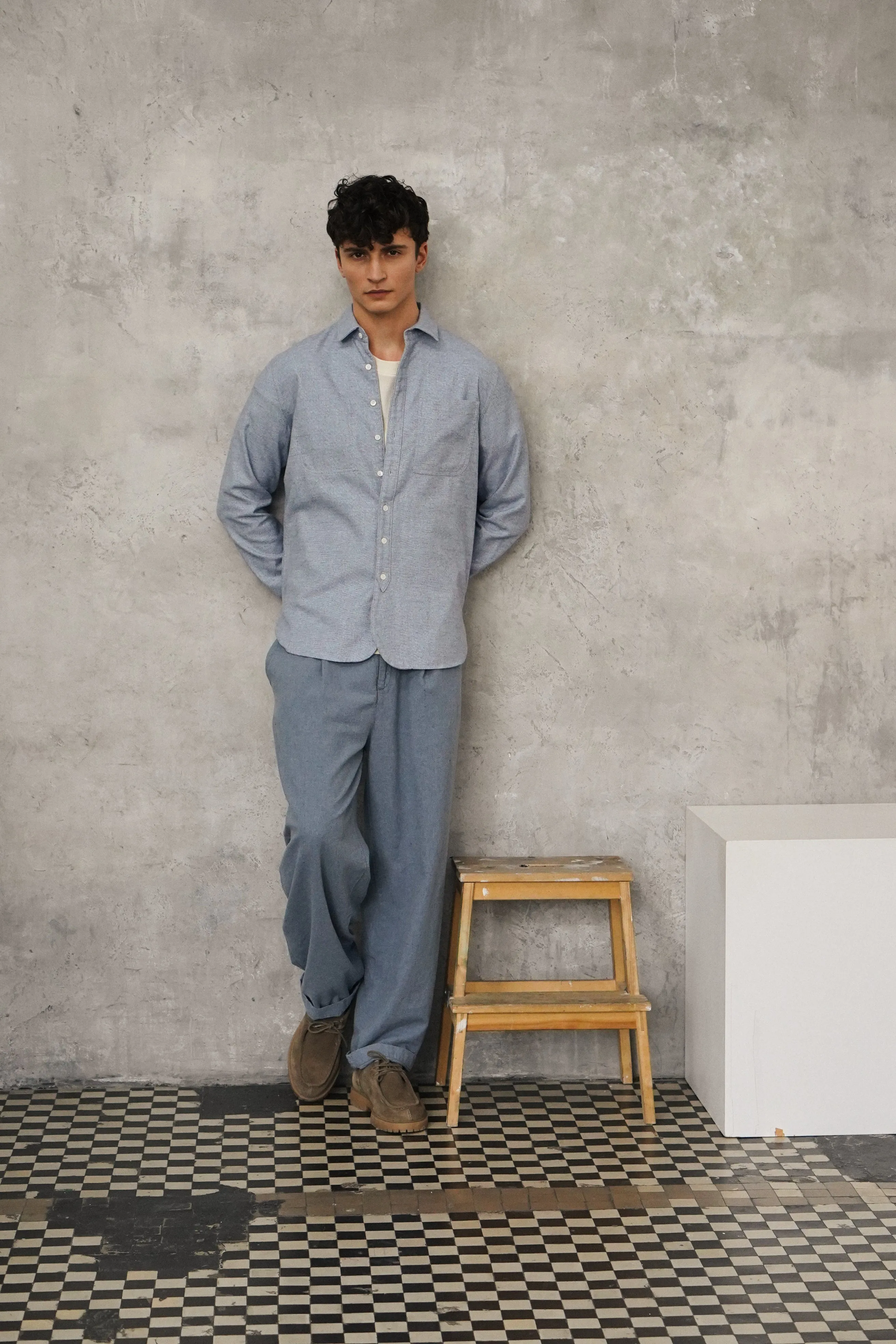 Farmer Shirt in a Fine Portuguese Brushed Blue Flannel - Photoshoot Sample sold by Delikatessen product image thumbnail 3