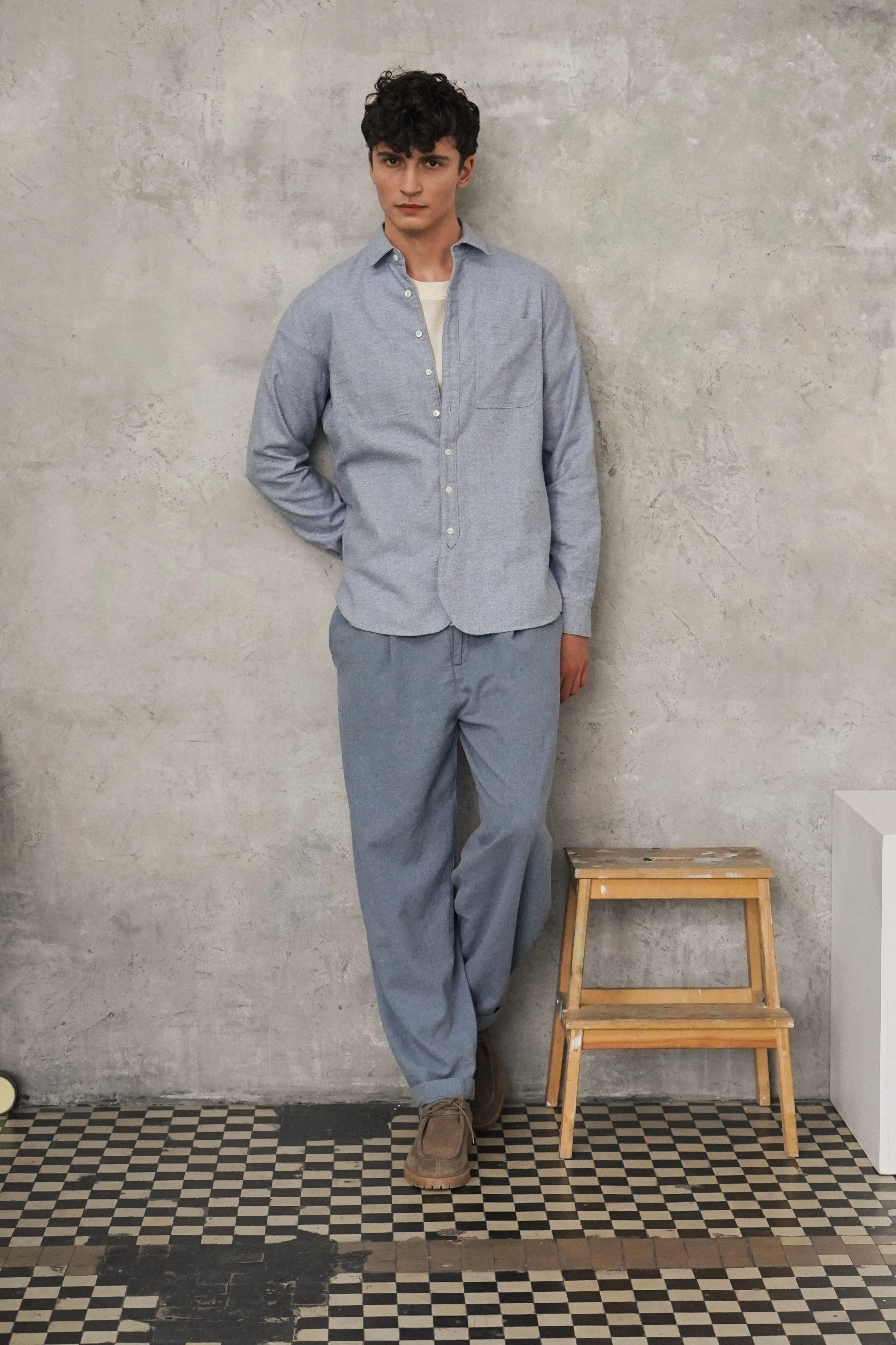 Farmer Shirt in a Fine Portuguese Brushed Blue Flannel - Photoshoot Sample sold by Delikatessen