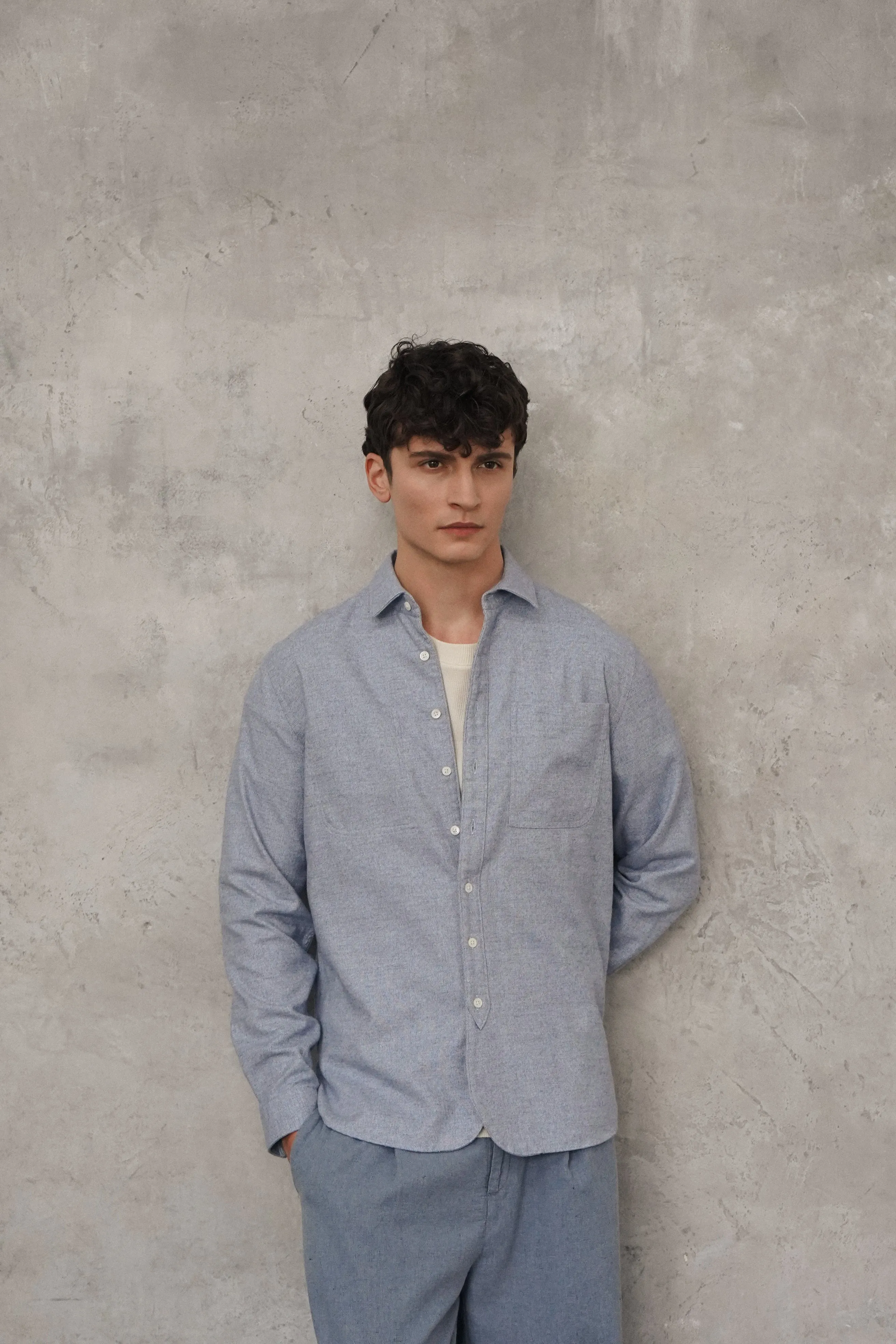 Farmer Shirt in a Fine Portuguese Brushed Blue Flannel - Photoshoot Sample sold by Delikatessen product image thumbnail 4