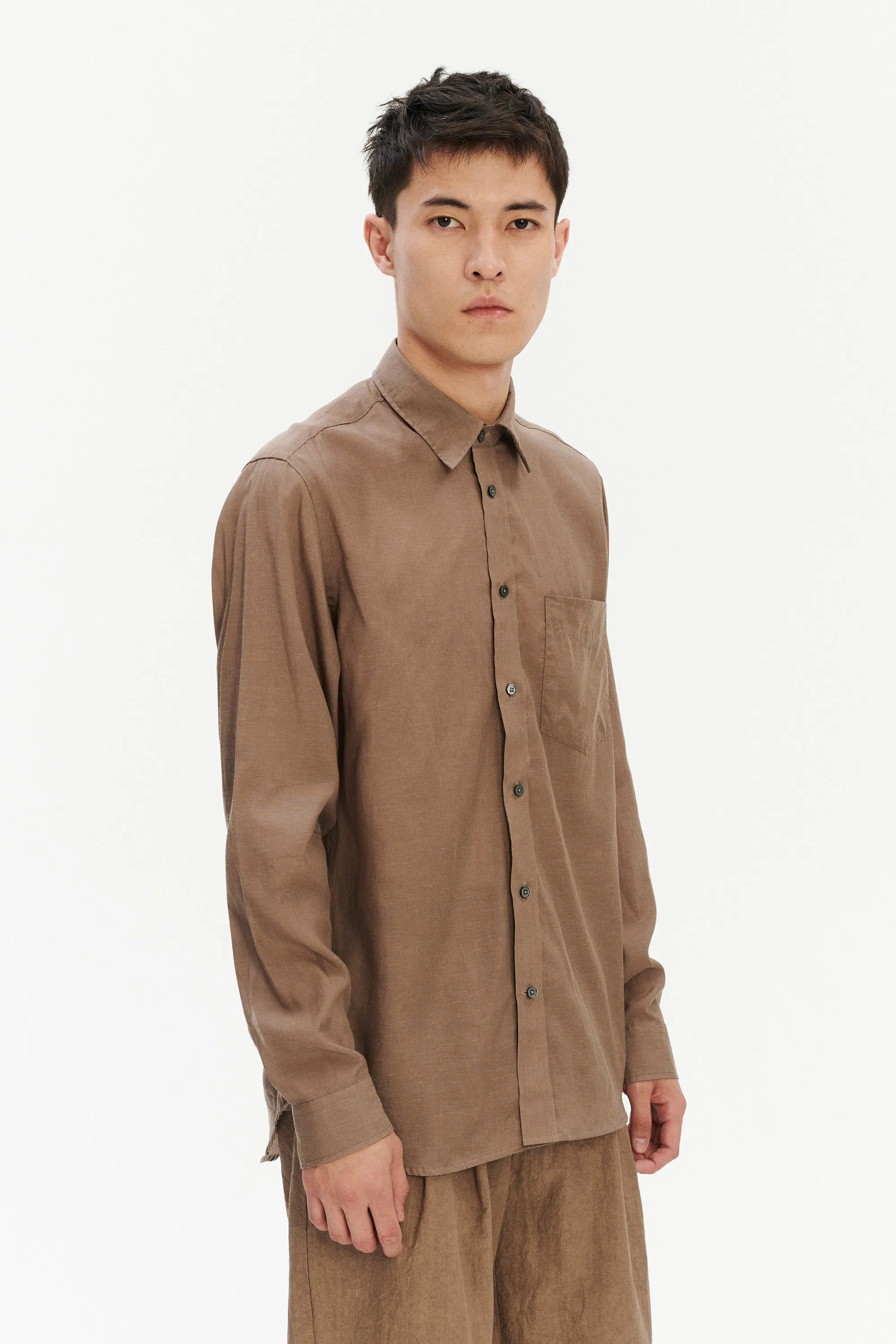 Relaxed Fit Shirt with Fabric Covered Buttons in Taupe sold by Delikatessen product image thumbnail 5