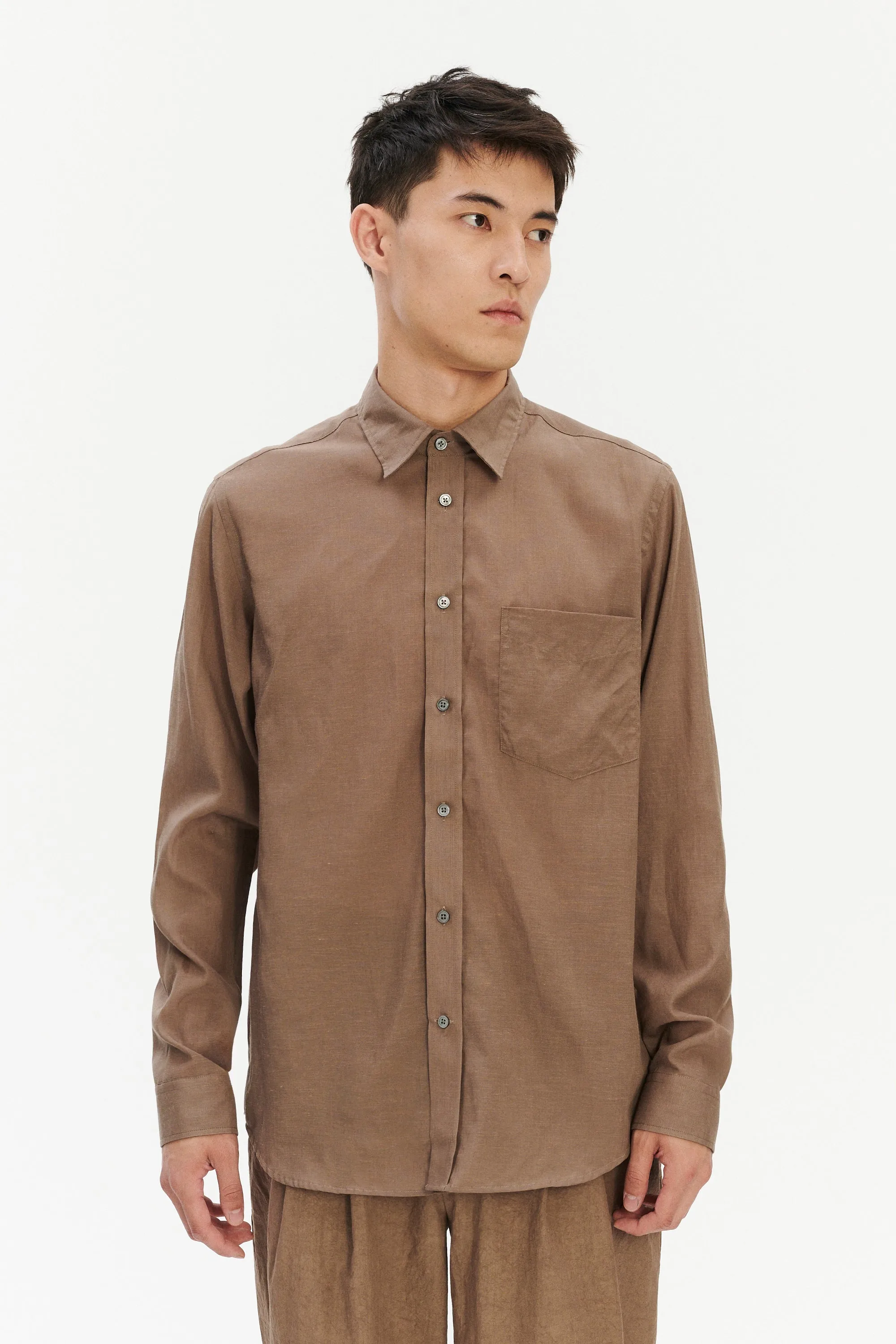 Relaxed Fit Shirt with Fabric Covered Buttons in Taupe sold by Delikatessen product image thumbnail 4