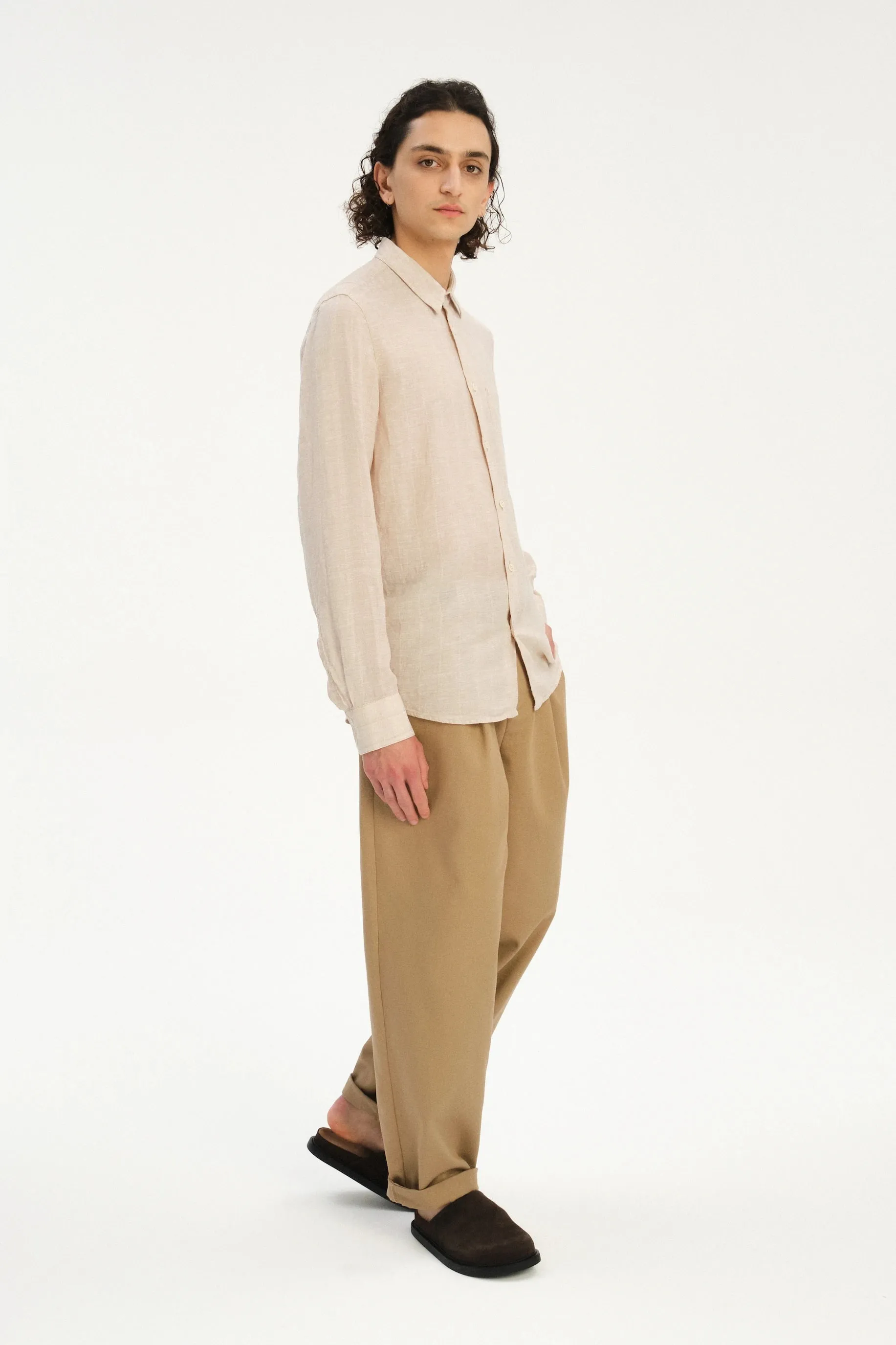 Feel Good Shirt in a Dobby Striped Soft Beige Italian Linen sold by Delikatessen product image thumbnail 5