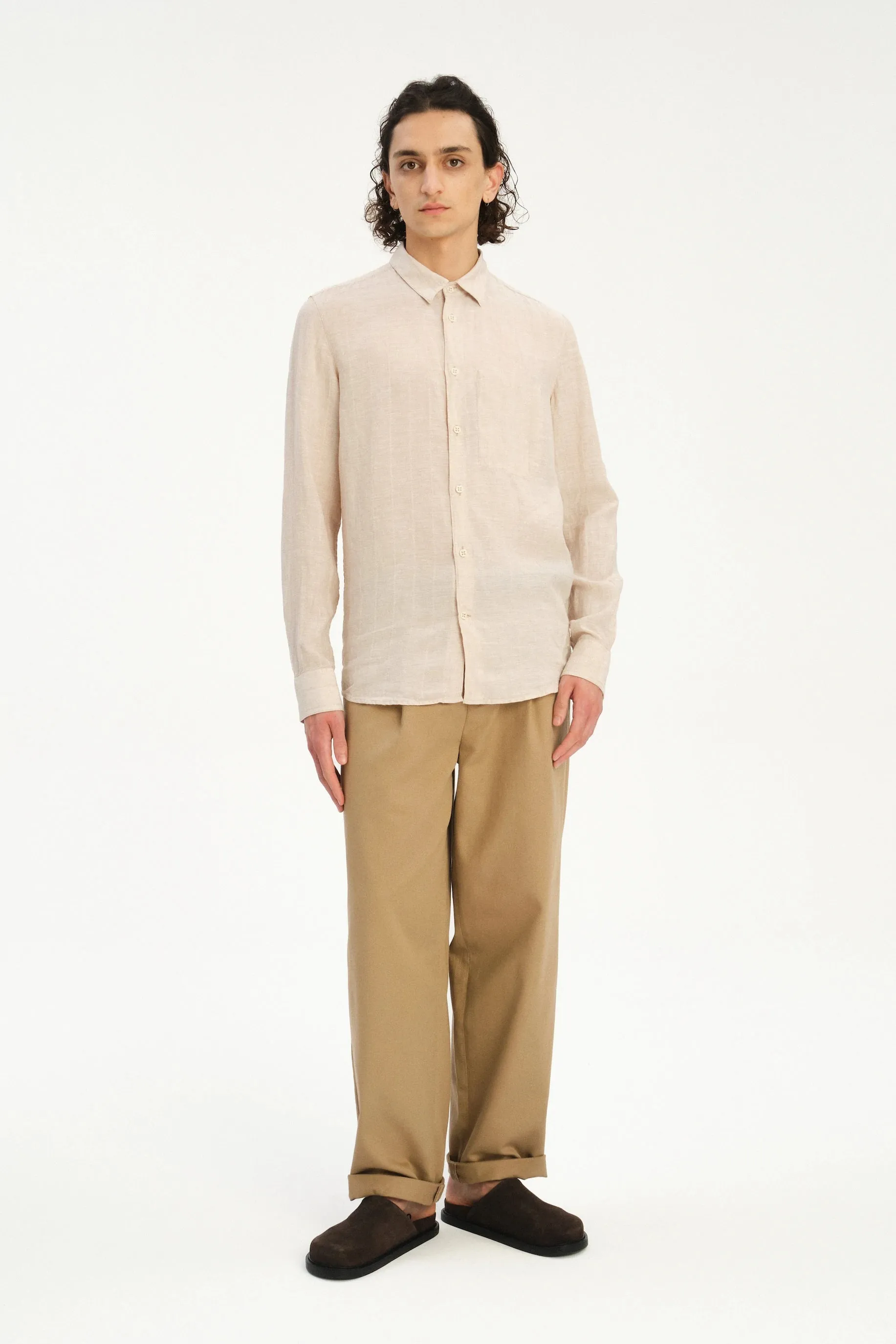 Feel Good Shirt in a Dobby Striped Soft Beige Italian Linen sold by Delikatessen product image thumbnail 4