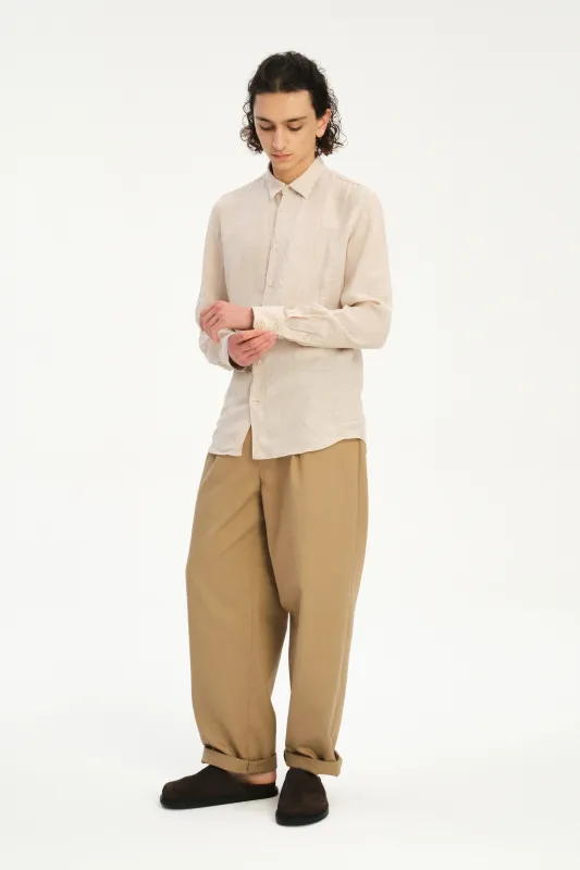 Feel Good Shirt in a Dobby Striped Soft Beige Italian Linen made by Delikatessen