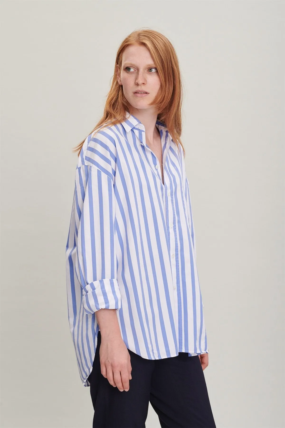 Oversized Delta Shirt in a Blue Striped Italian Cotton and Cupro sold by Delikatessen