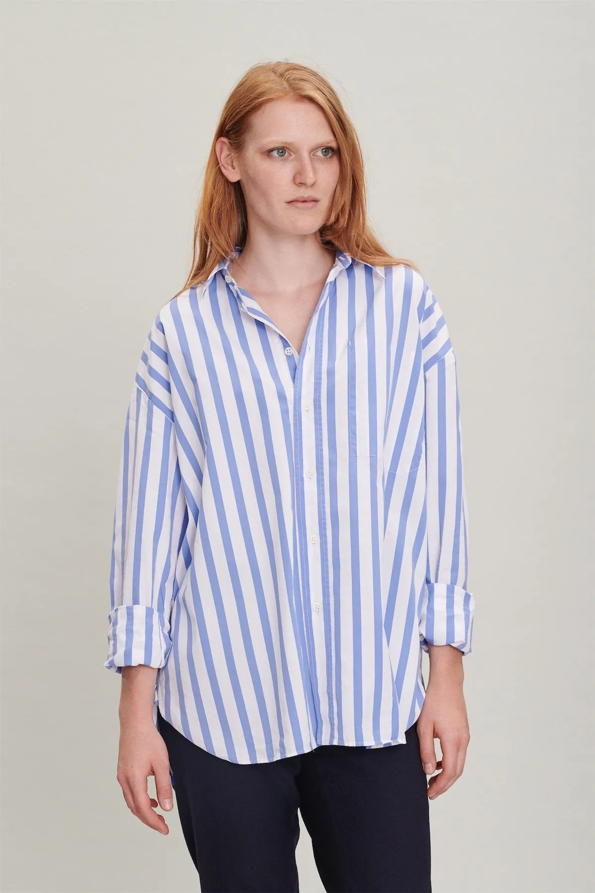 Oversized Delta Shirt in a Blue Striped Italian Cotton and Cupro sold by Delikatessen product image thumbnail 2