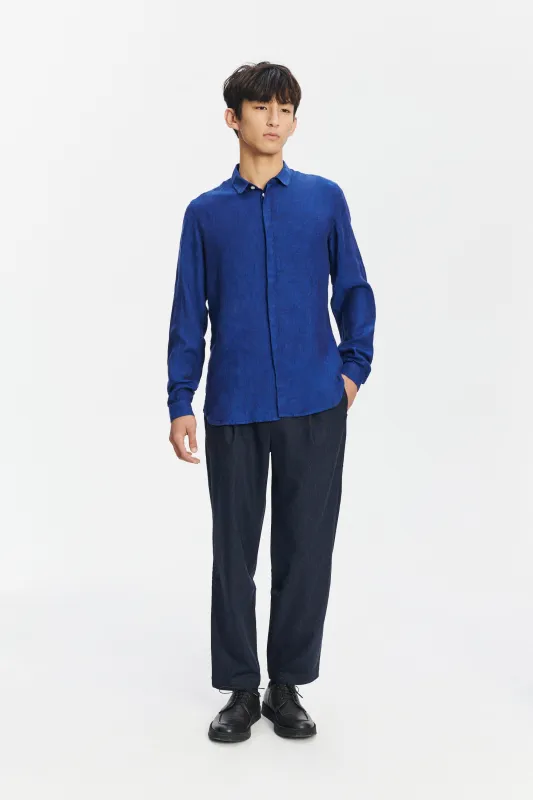Cute Round Collar Shirt in a Soft and Airy Cobalt Blue Bohemian Linen made by Delikatessen