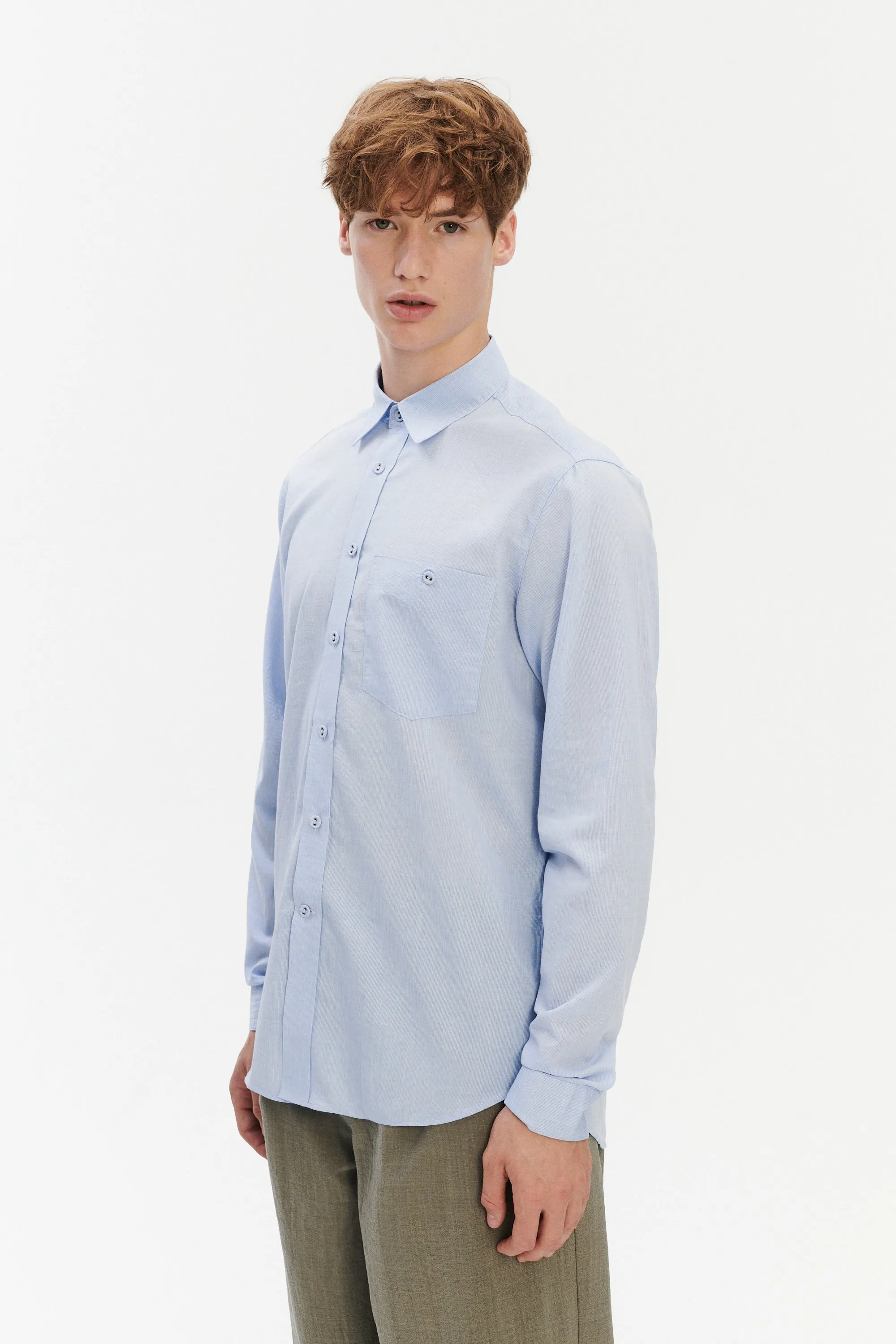 Relaxed Fit Delft Shirt with Fabric Covered Buttons in a Clear Blue Soft Italian Cotton sold by Delikatessen product image thumbnail 5