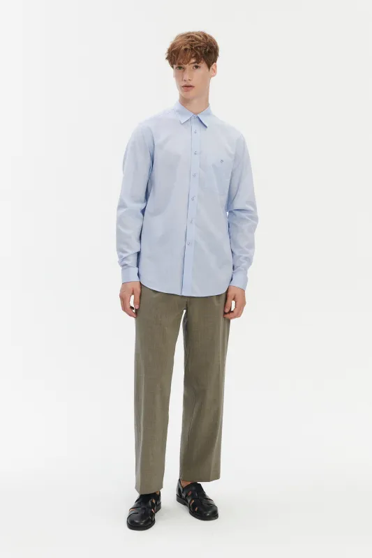 Relaxed Fit Delft Shirt with Fabric Covered Buttons in a Clear Blue Soft Italian Cotton made by Delikatessen