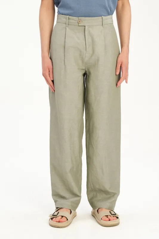 Amsterdam Trousers in a Sage Green Italian Blend of Cotton and Linen made by Delikatessen