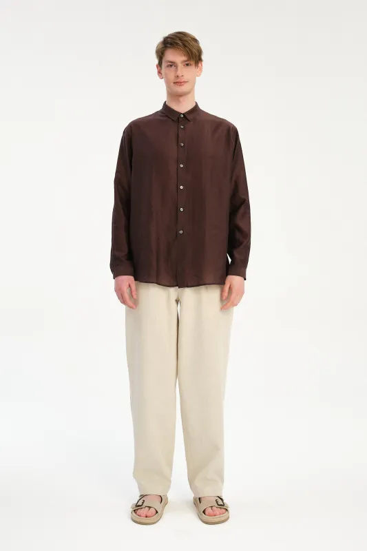 Breda Boxy Shirt in a Coffee Brown Silky Japanese Lyocell Blend made by Delikatessen