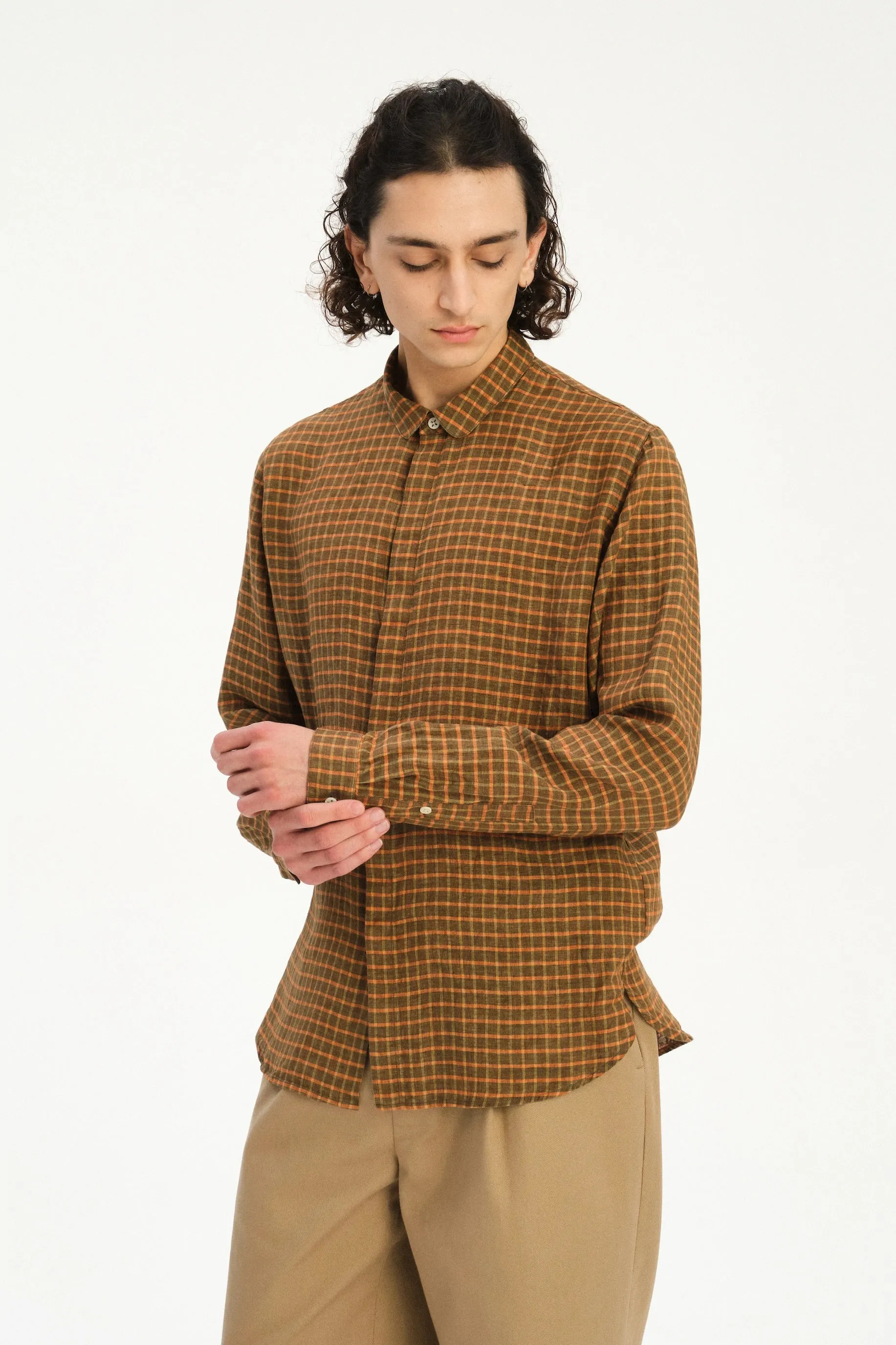 Cute Round Collar Shirt in an Orange and Brown Check Italian Linen sold by Delikatessen product image thumbnail 5
