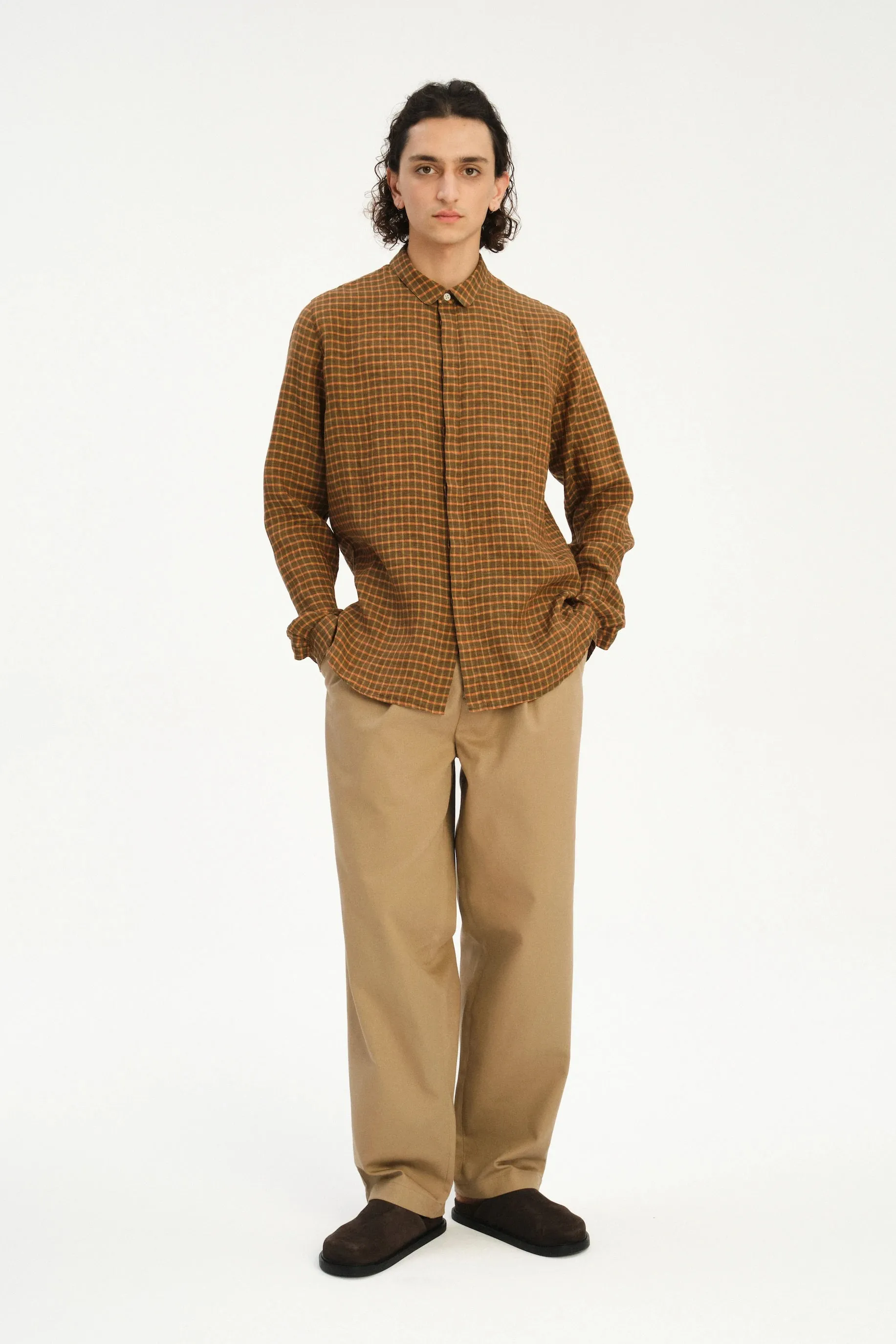Cute Round Collar Shirt in an Orange and Brown Check Italian Linen sold by Delikatessen